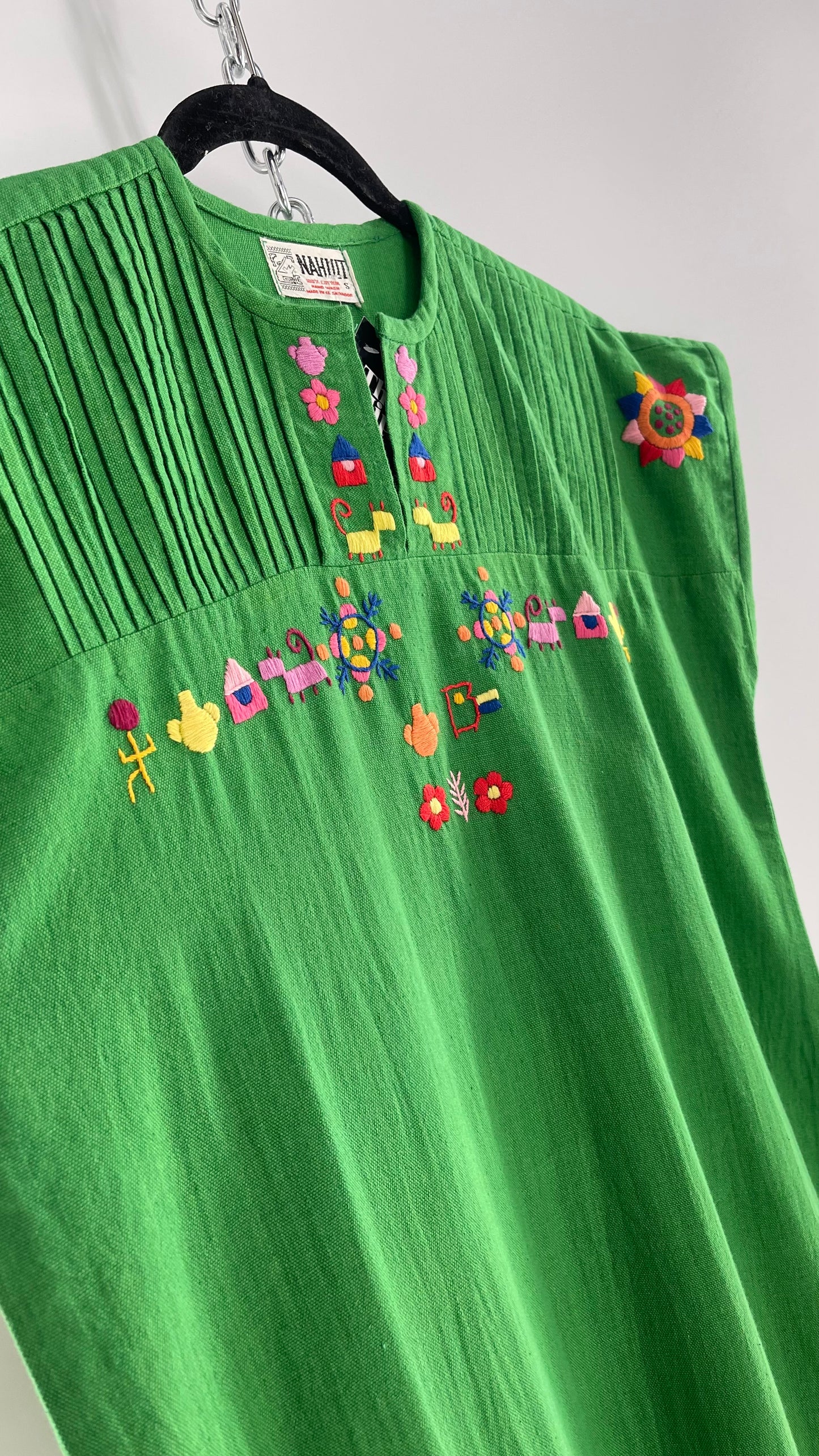 Vintage 1970s NAHUIT 100% Cotton, Kelly Green, Embroidered Tunic Dress Imported from El Salvador (Small)