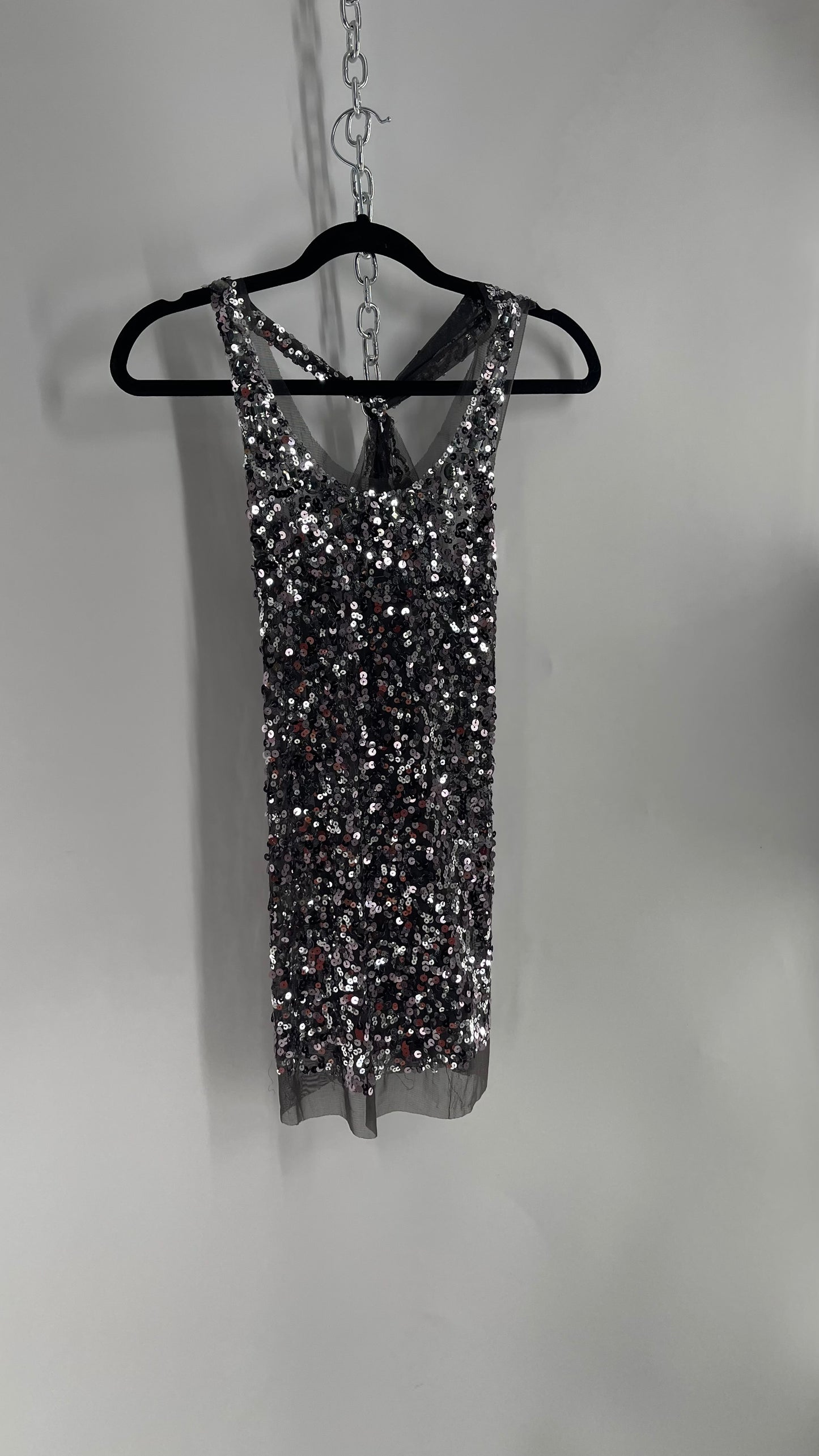 Vintage Gray Sequin Tank with Beaded Neckline (Medium)