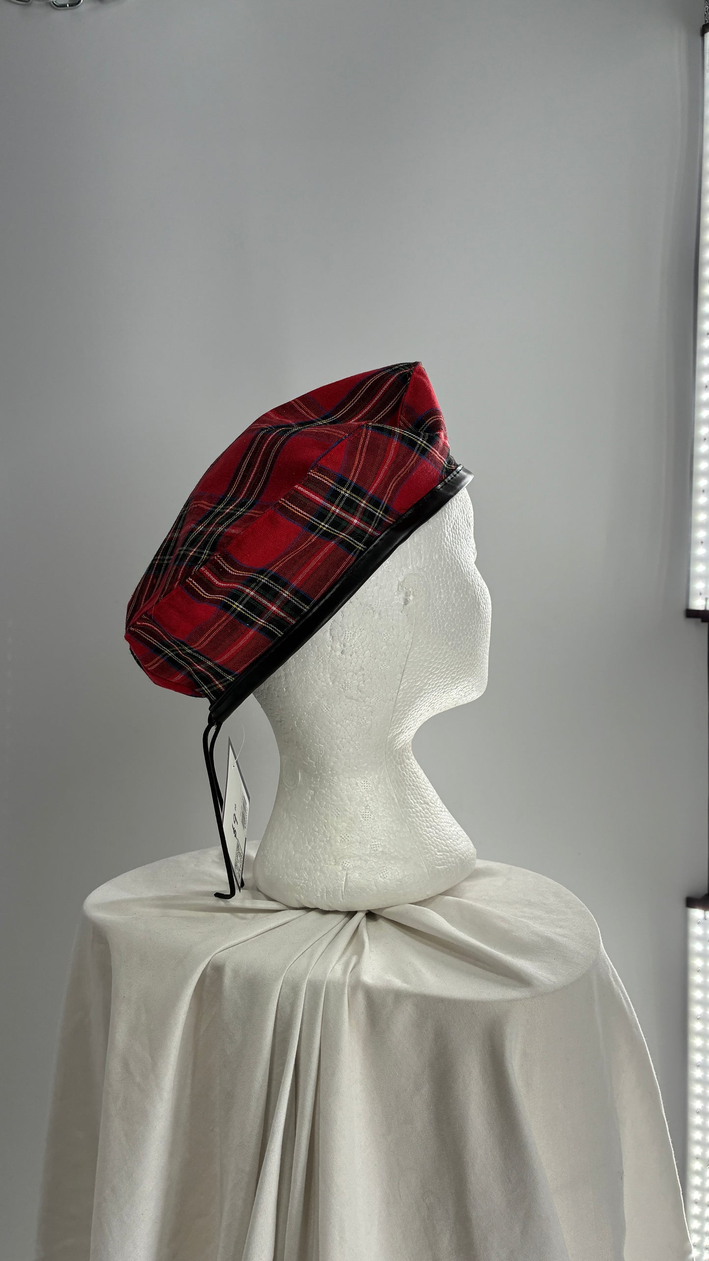 Red Plaid Beret with Vegan Leather Strap with Silver Metal Hardware