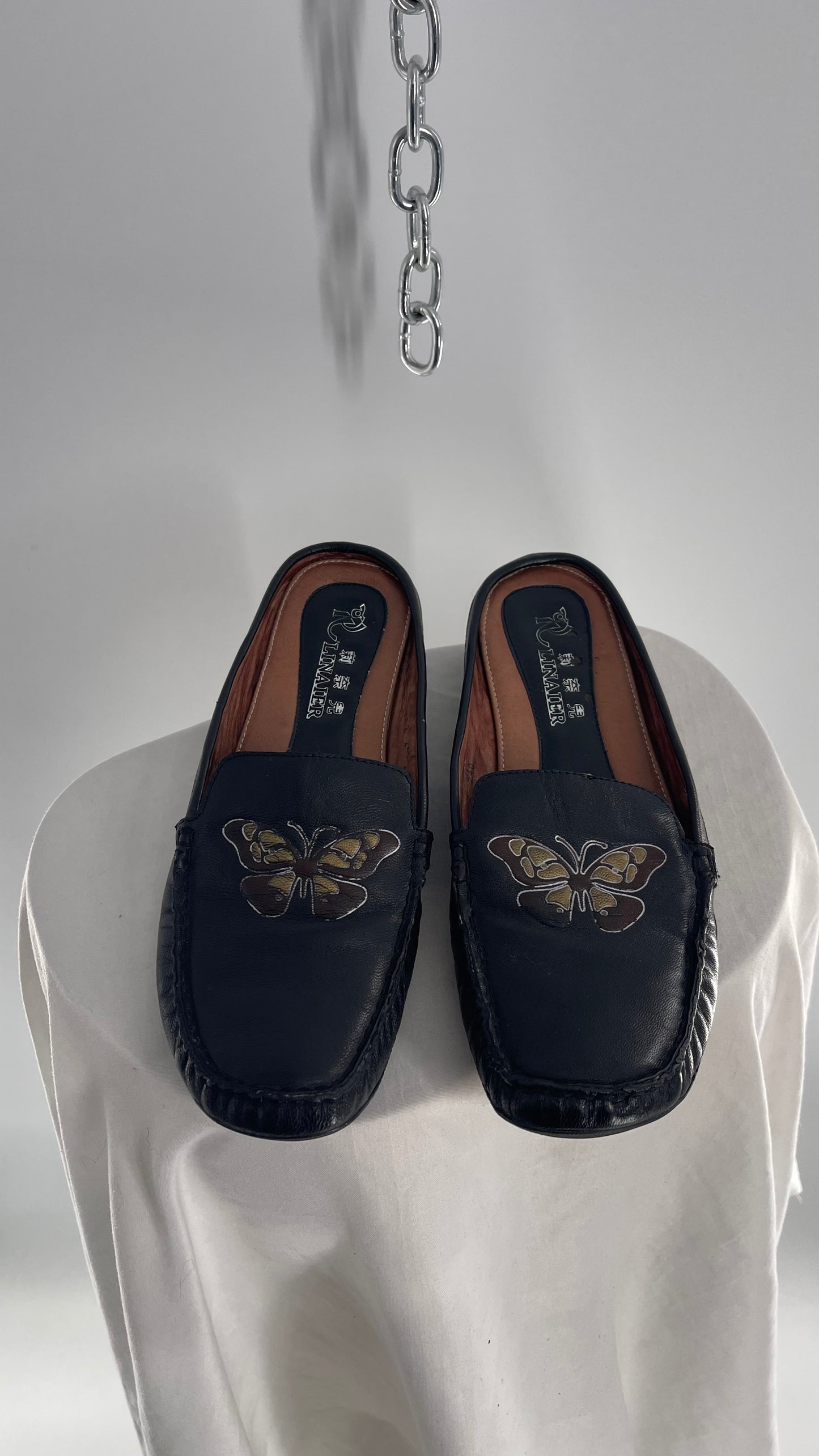 Vintage R Linaier Black Leather Slip Ons with Butterfly Embroidery (6)