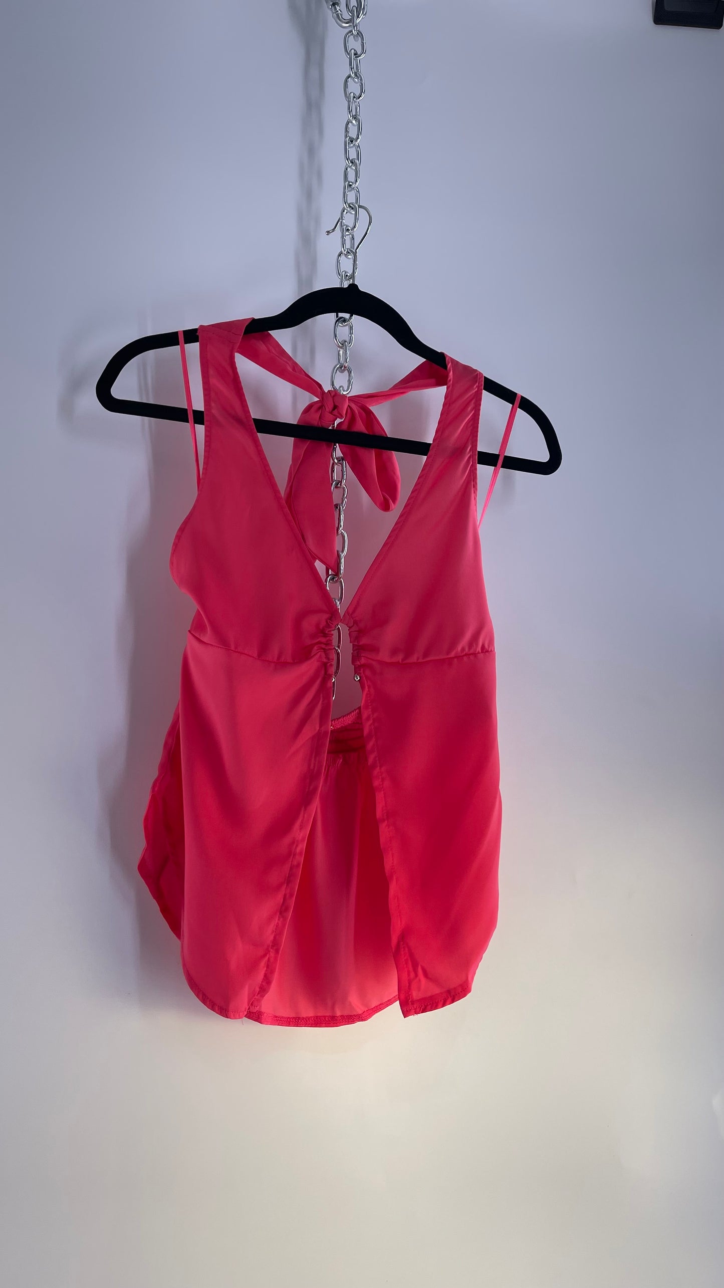 Free People Hot Pink Silky Vented Halter with Silver Metal Bust Detail (Small)