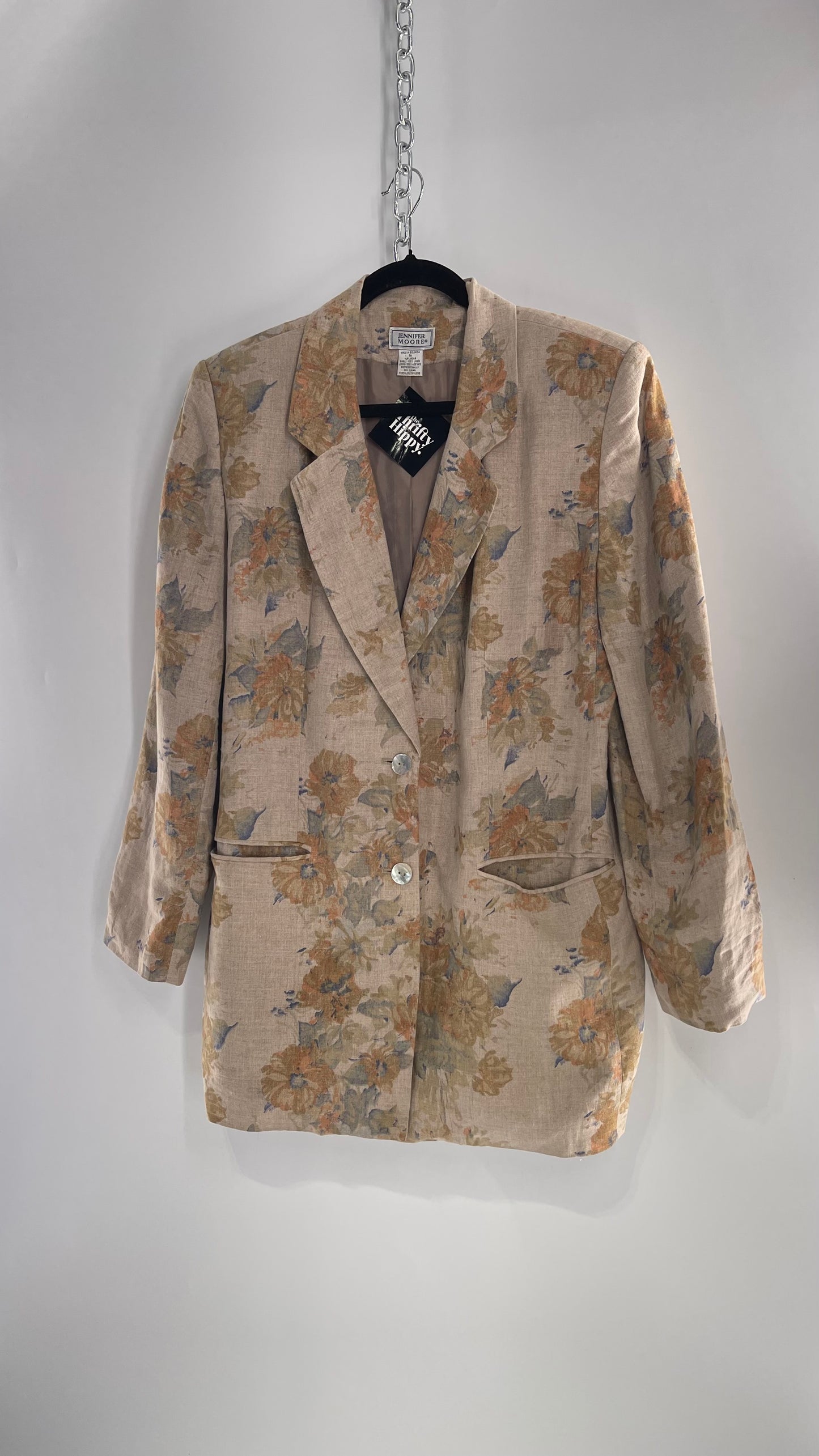 Vintage Jennifer Moore Tan 100% Linen Obscure Muted Autumn Flora Blazer (14/Large)