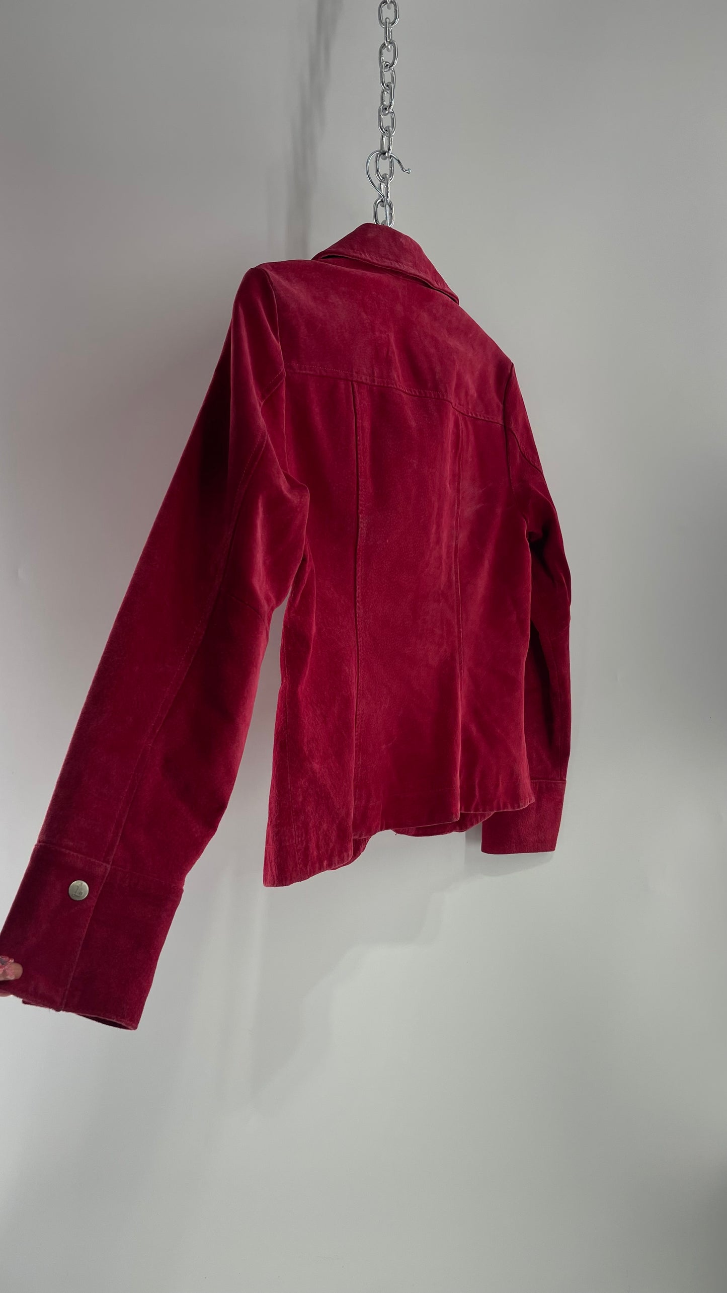 VINTAGE A.M.I Raspberry Red Suede Leather Slim Waist Metal Button Front Jacket (Small)