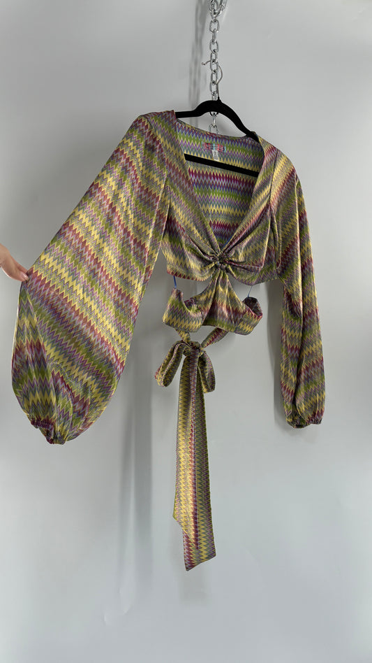 Urban Outfitters Green Open Side Tie Around, Balloon Sleeve Sparkle Top (Small)