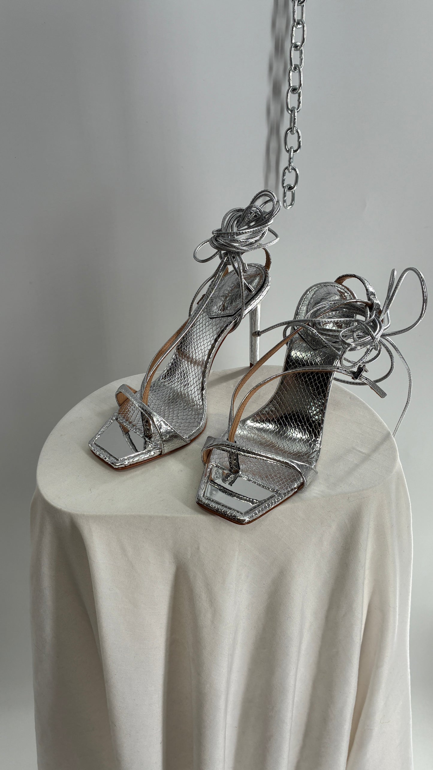 SCHÜTZ Silver Angular Tie Up Heels with Mirror Toe Detail (7)