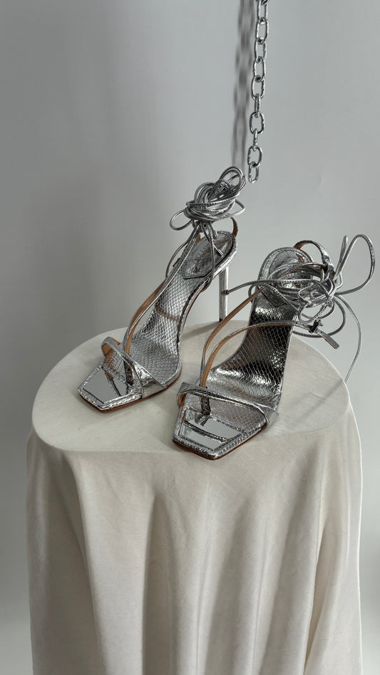 SCHÜTZ Silver Angular Tie Up Heels with Mirror Toe Detail (7)