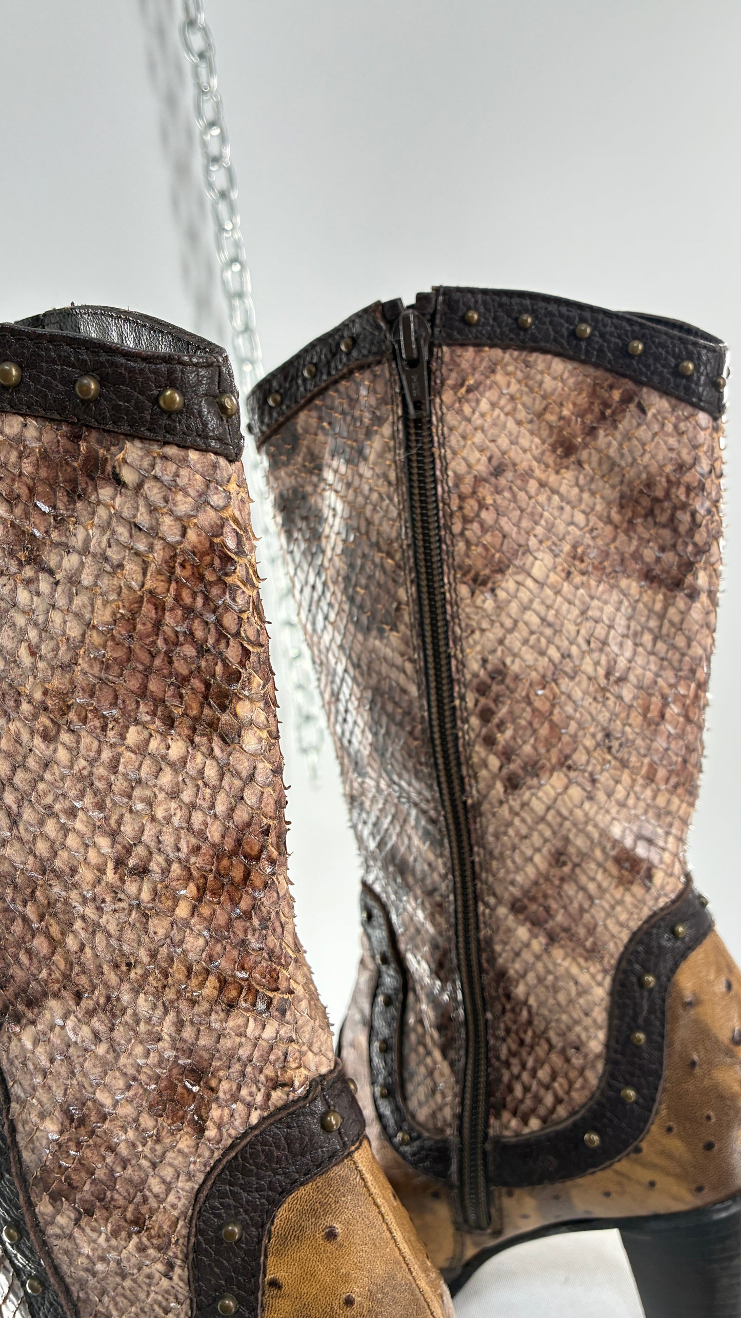 Vintage STUART WEITZMAN Stampede Boots Ft Snake, Crocodile and Ostrich Embossed Leather (8.5)