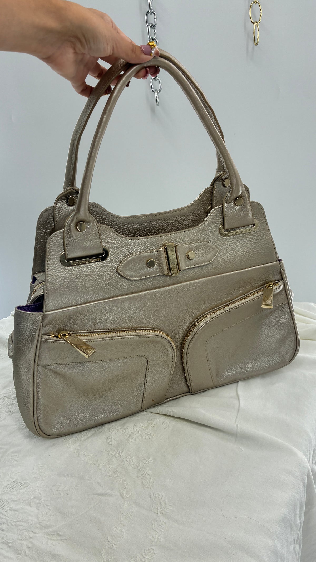 Vintage NOTTINGHILL DESIGNS Westbourne Metallic Champagne Genuine Leather Pocketed Bag with Exaggerated Hardware As Seen on Gossip Girl