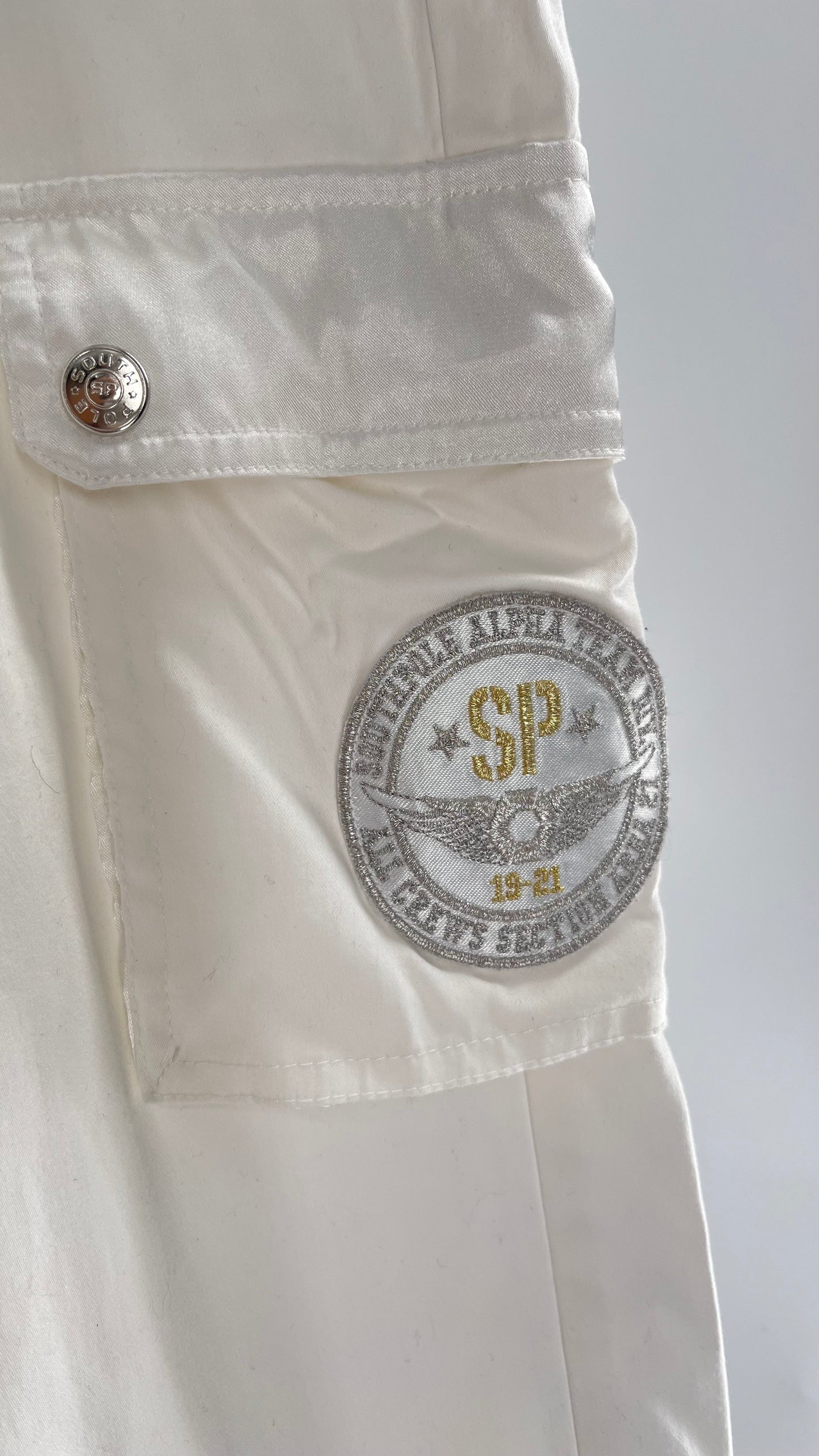 Vintage 1990s South Pole White Capri with Zippers, Silver Hardware, Satin Detailing and Patches (9)