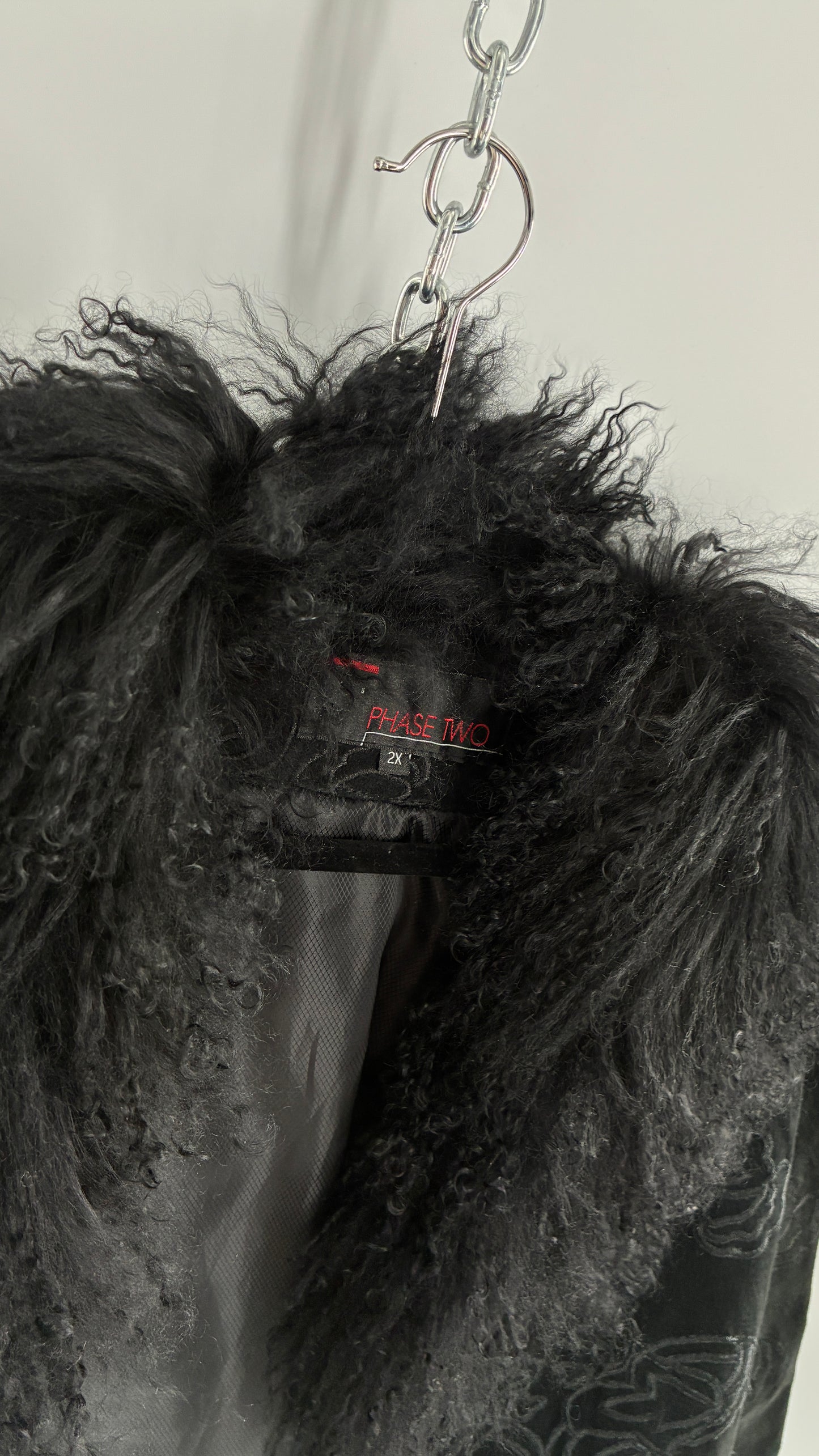 Vintage PHASE TWO Embroidered Black Genuine Suede Leather Coat with Mongolian Fur Collar and Cuffs (XXL)