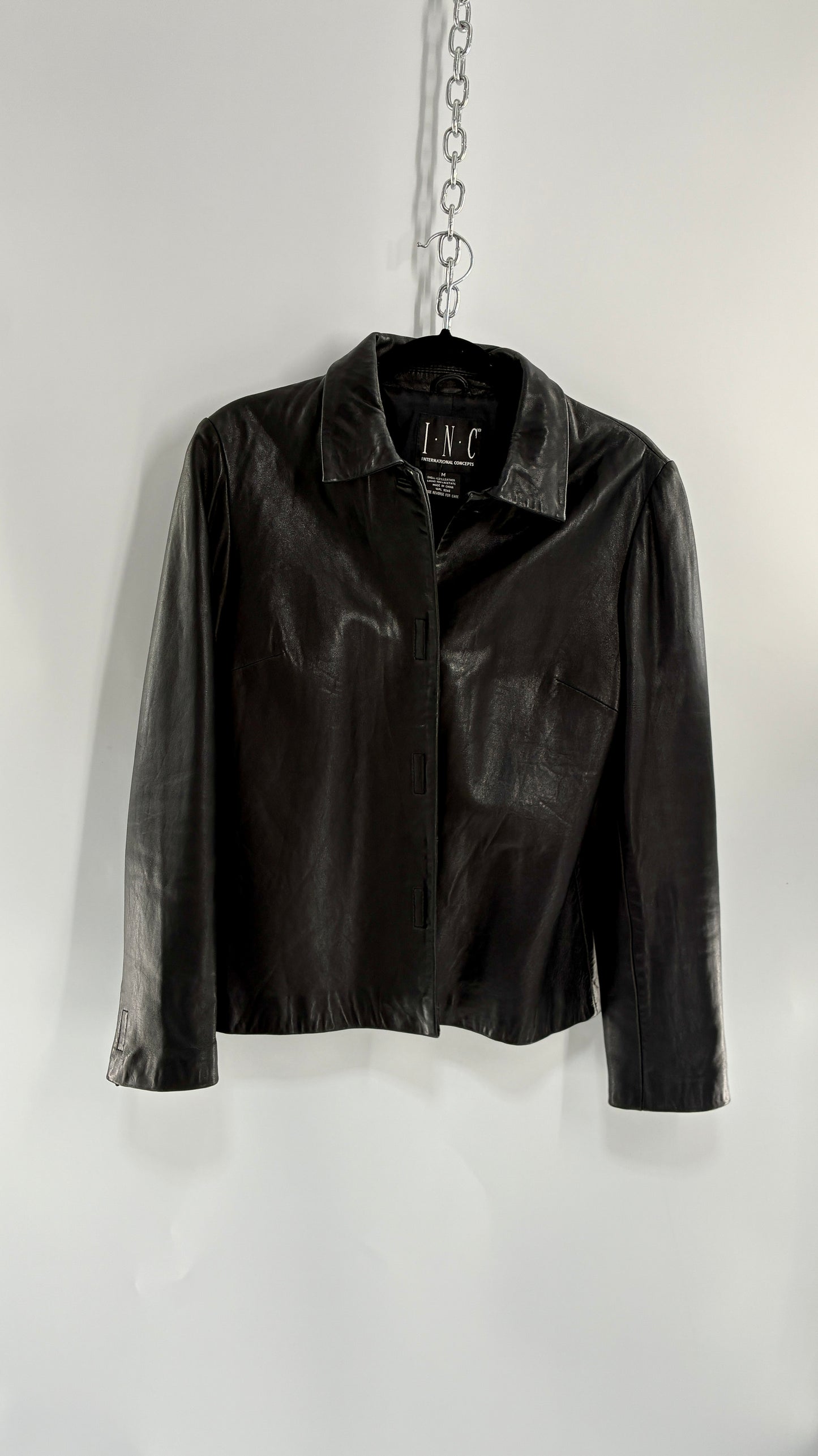 Vintage INC 1990s Black Genuine Ultra Soft Leather Collared Jacket with Velcro Closure Never Worn (Medium)