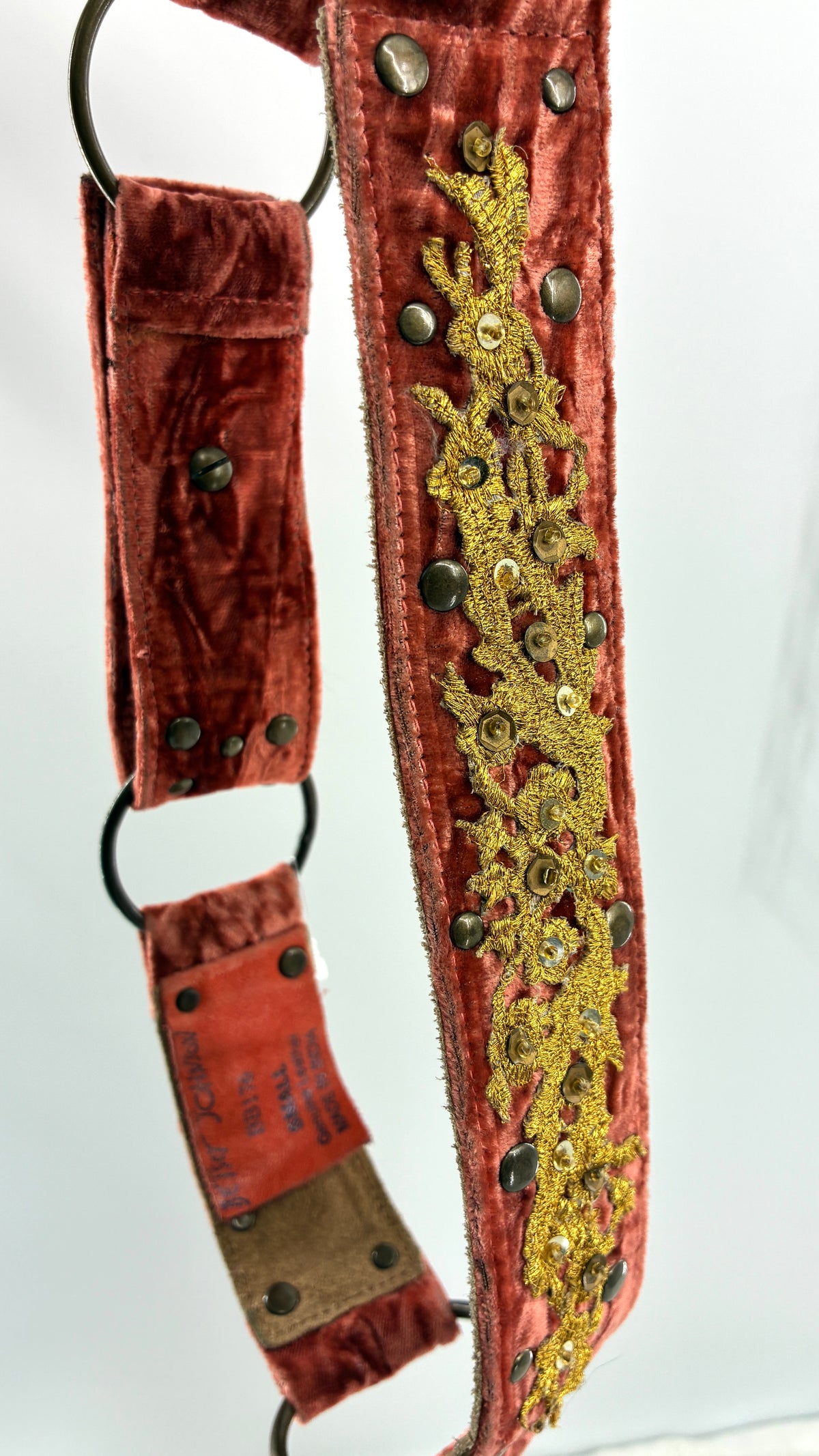 Vintage BETSEY JOHNSON Crushed Velvet Salmon Belt with Gold Appliqué and Metal Studs (Small)