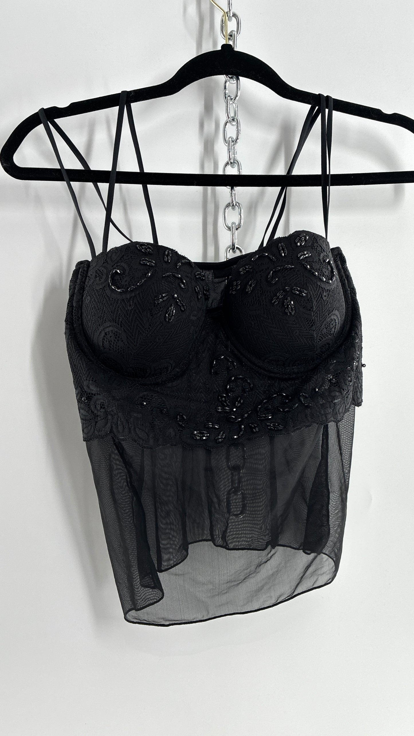 Vintage LA FRESCA Black Lace Bustier Babydoll with Mesh Bodice and Beaded Cups/Band (Large)