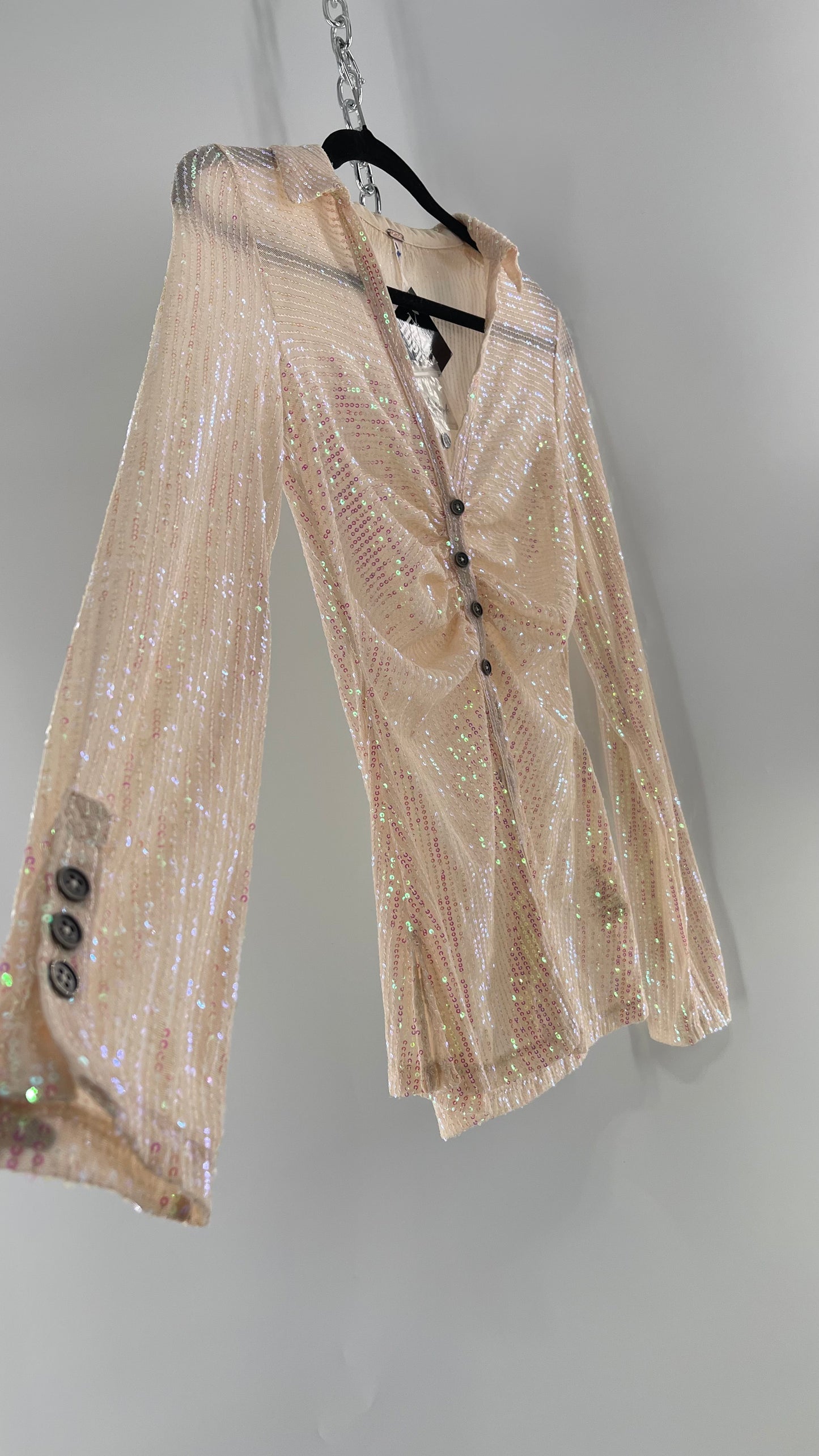 Free People Iridescent Sequined Button Front Ruched Bust Blouse with Tags Attached (Small)