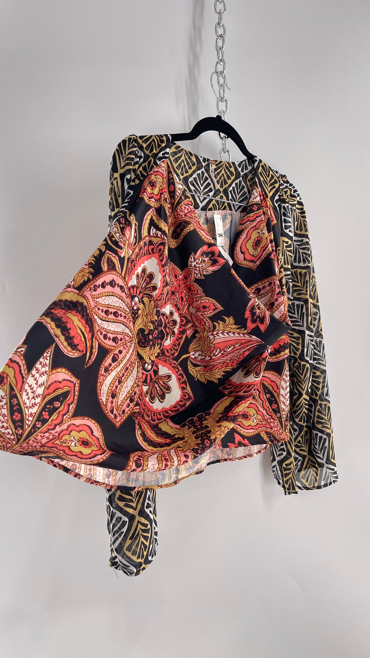 Free People Paisley Bodice Blouse with Sheer Contrast Sleeves, Draping Neckline and Tags Attached  (Small)