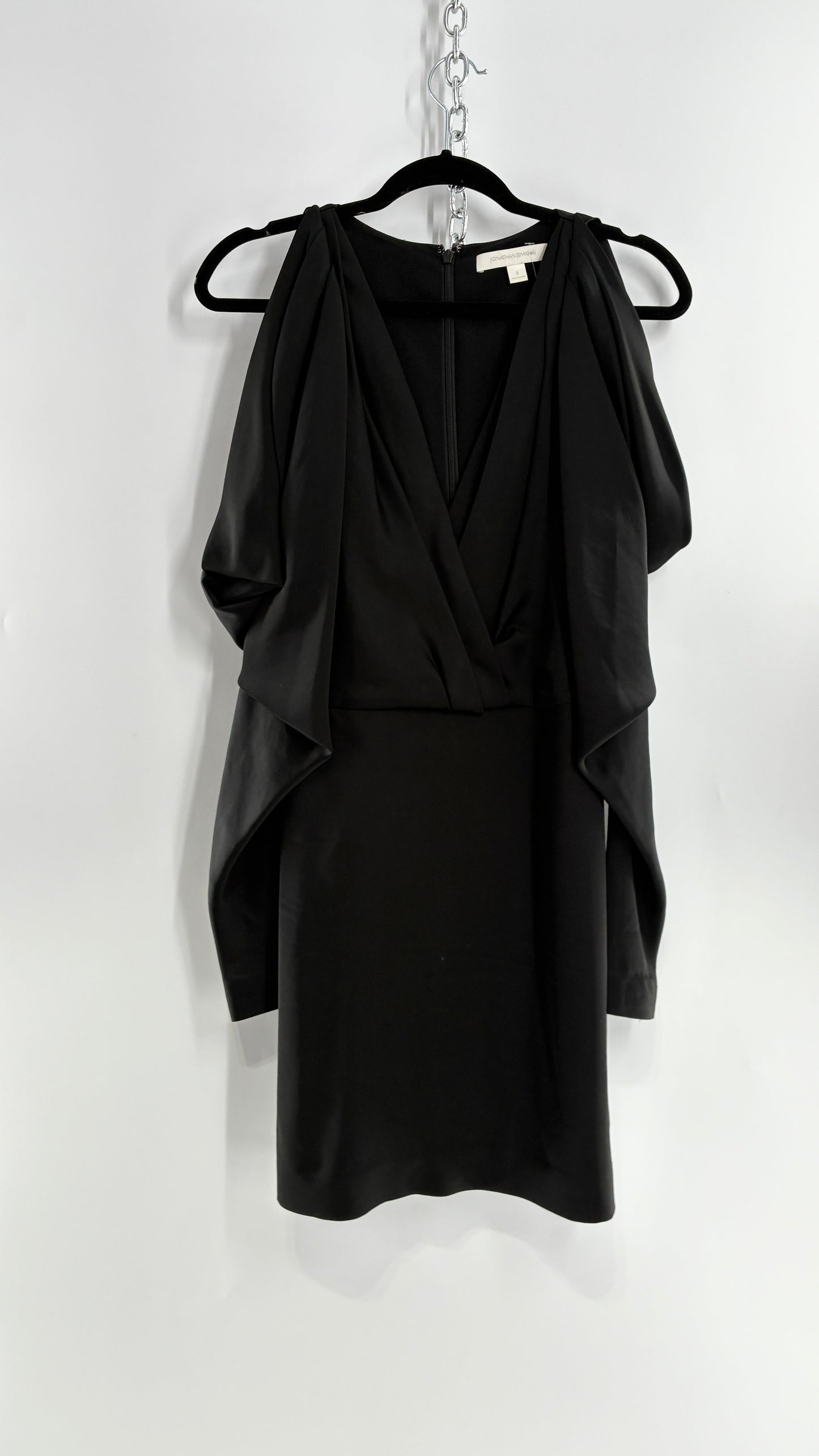 JONATHAN SIMKHAI Black Silky Mini Dress with Exaggerated, Draped Cold Shoulders (8)
