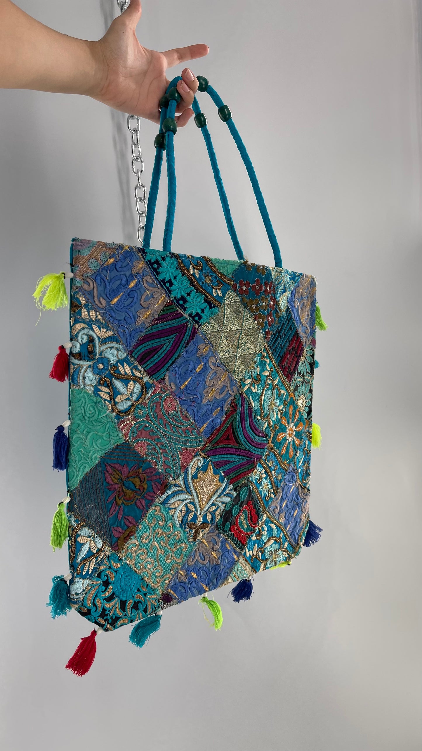 Imported Blue Patchwork Tote from Brazil with Tassel Detailing