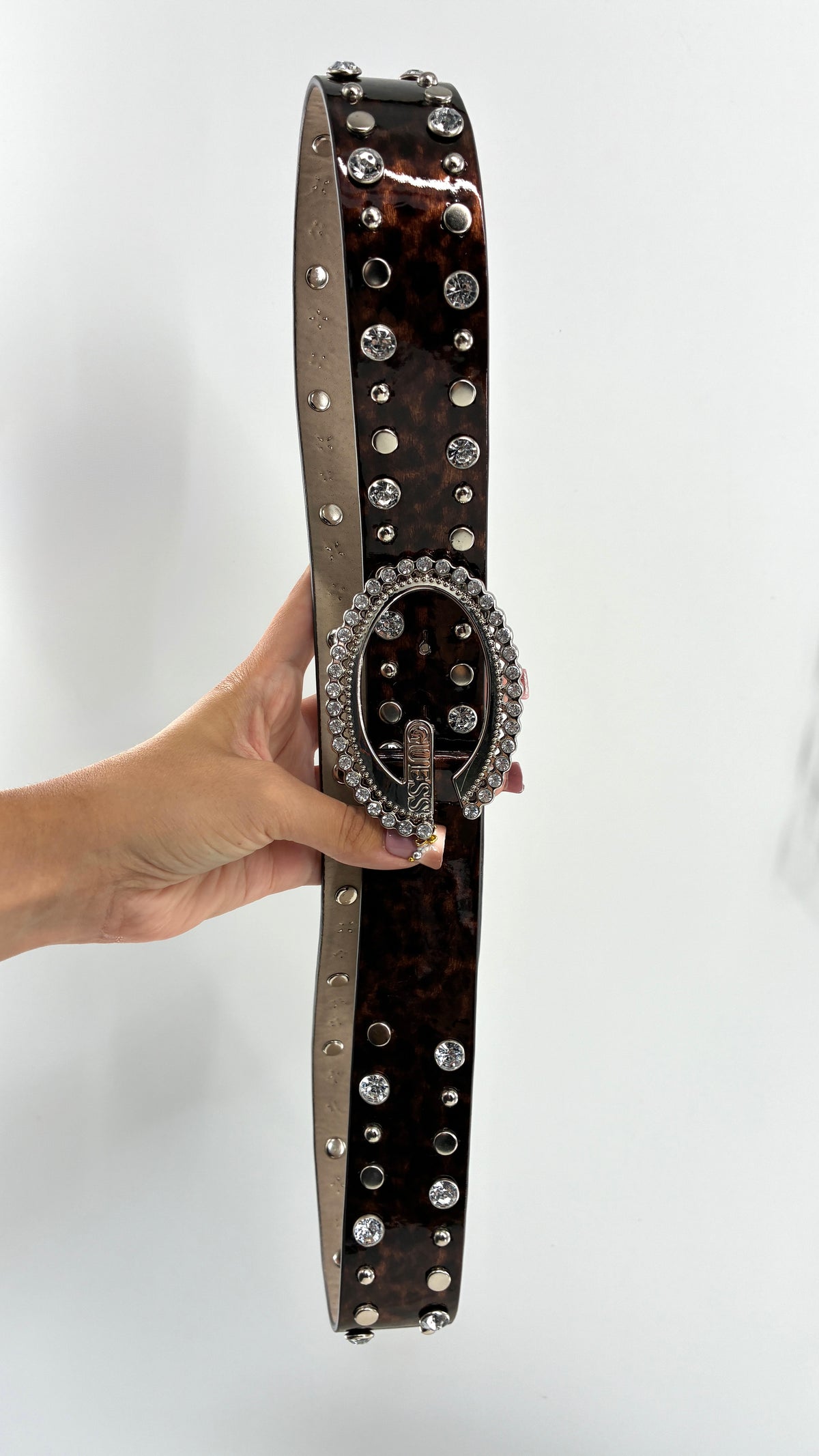 Vintage GUESS Glossy Tortoise/Cheetah Belt Covered in Studs, Crystals and Iconic Buckle (Large)