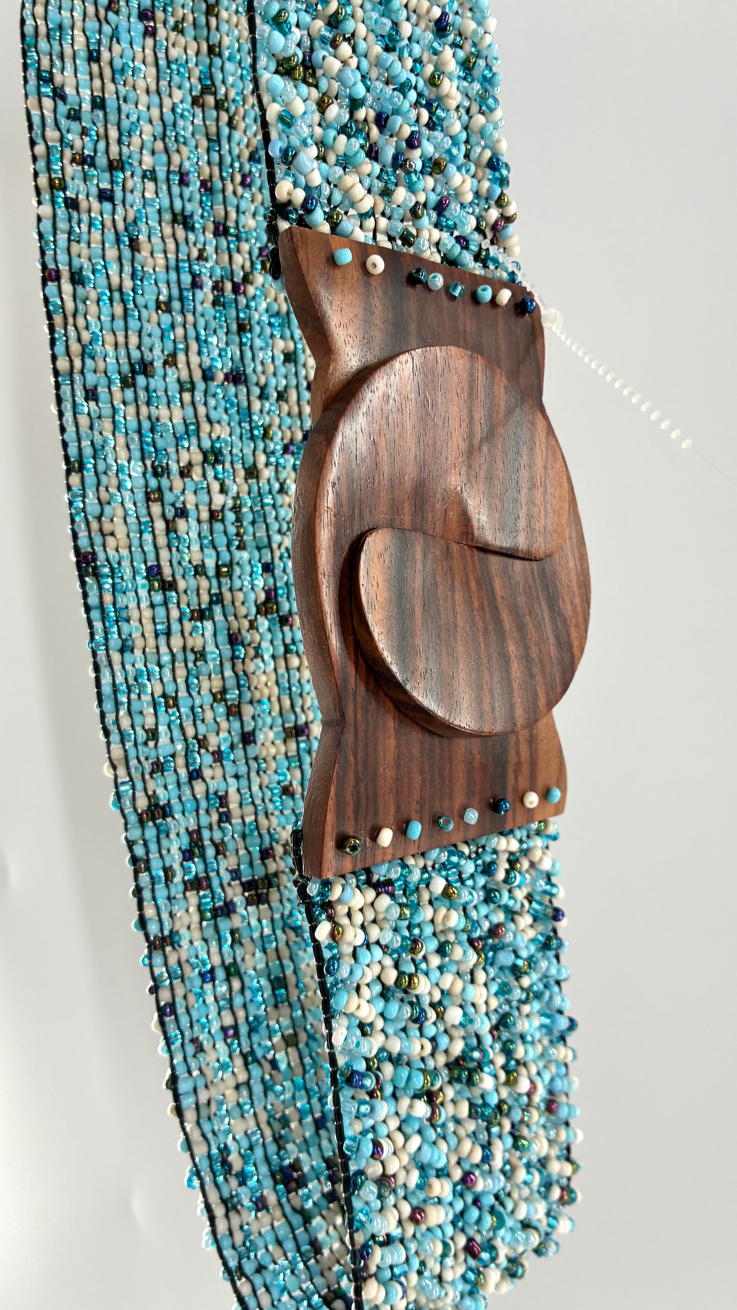 Vintage Wide Blue Beaded Hip Belt with Chunky Wooden Buckle