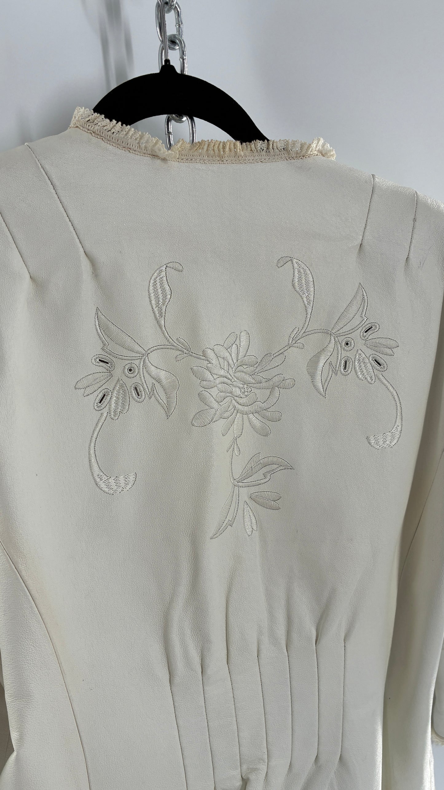 Vintage TERRY LEWIS White Leather Pleated Back, Embroidered Jacket with Lace Trim (Large)