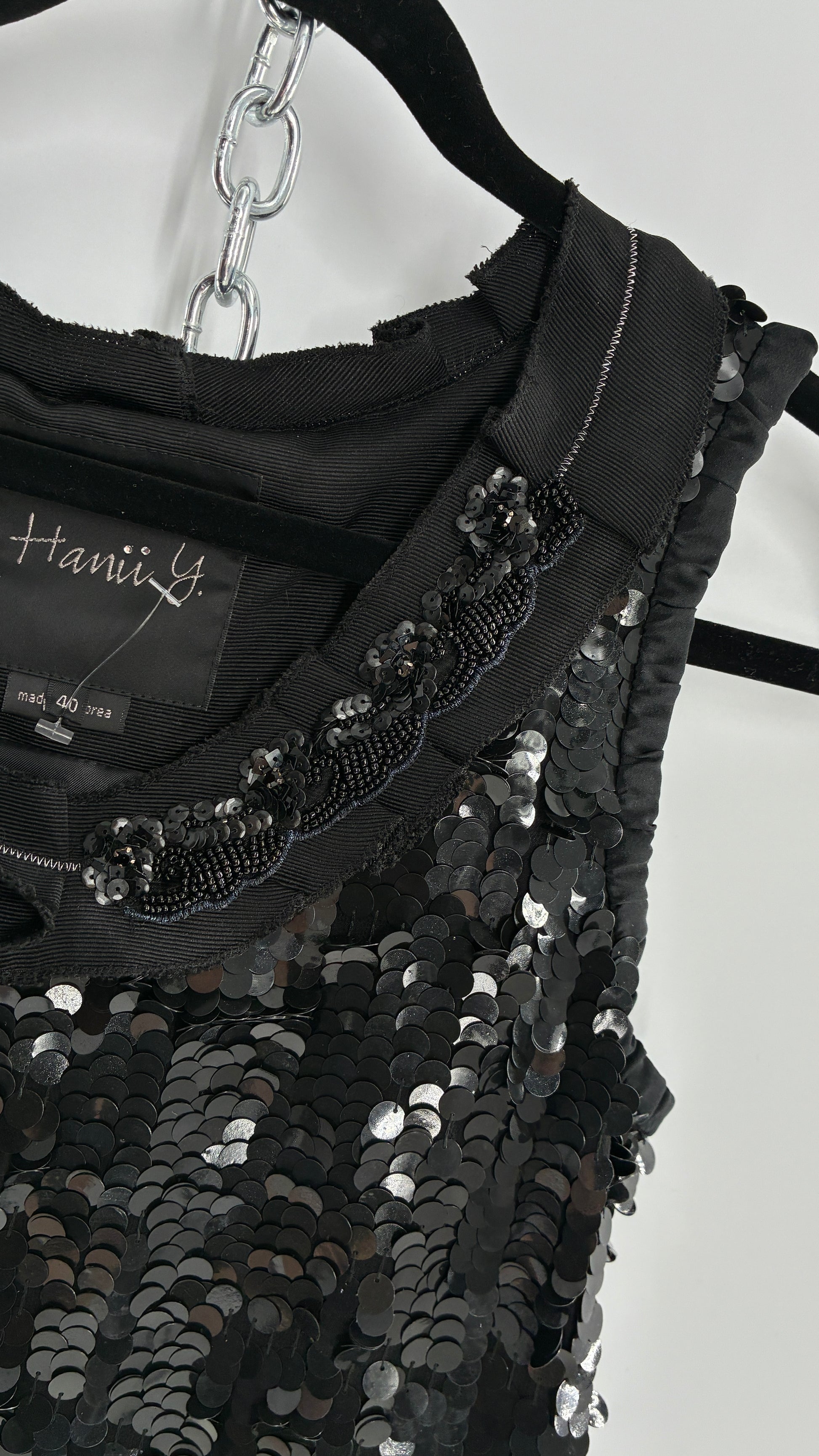 HANII Y. Black Sequin Mini Dress with Beaded, Pleated Ribbon Neckline and Bubble Hem (40) HANII Y. Black Sequin Mini Dress with Beaded, Pleated Ribbon Neckline and Bubble Hem (40)