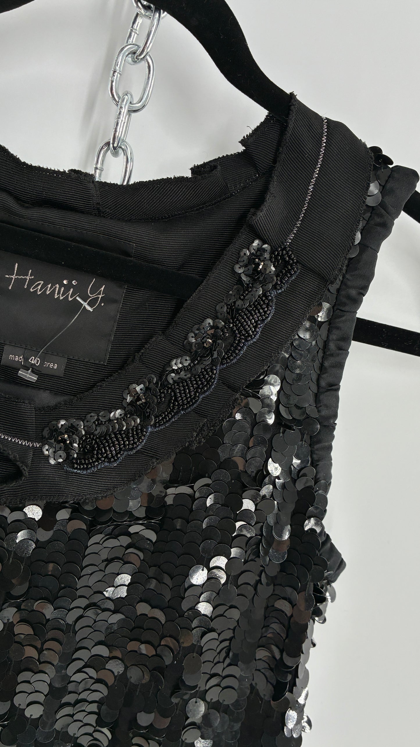 HANII Y. Black Sequin Mini Dress with Beaded, Pleated Ribbon Neckline and Bubble Hem (40)