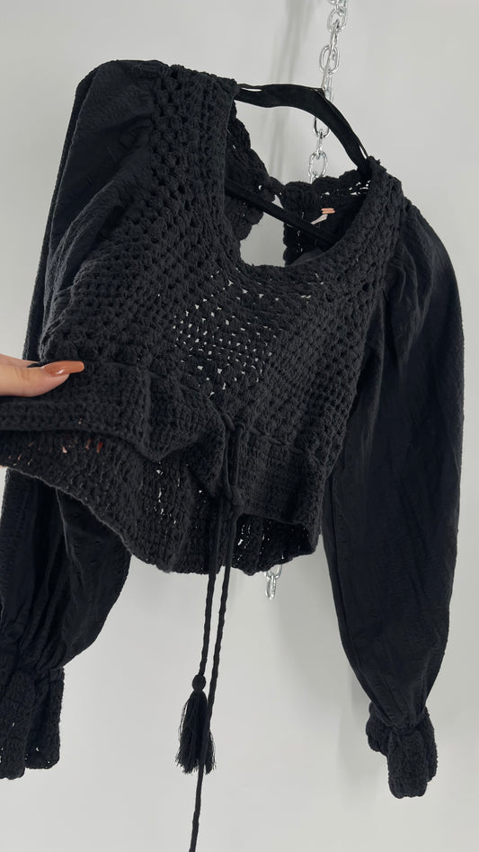 Free People Black ‘Megan’ Woven Macrame Crochet Cropped Blouse with Balloon Sleeves and Flared Cuffs (XS)