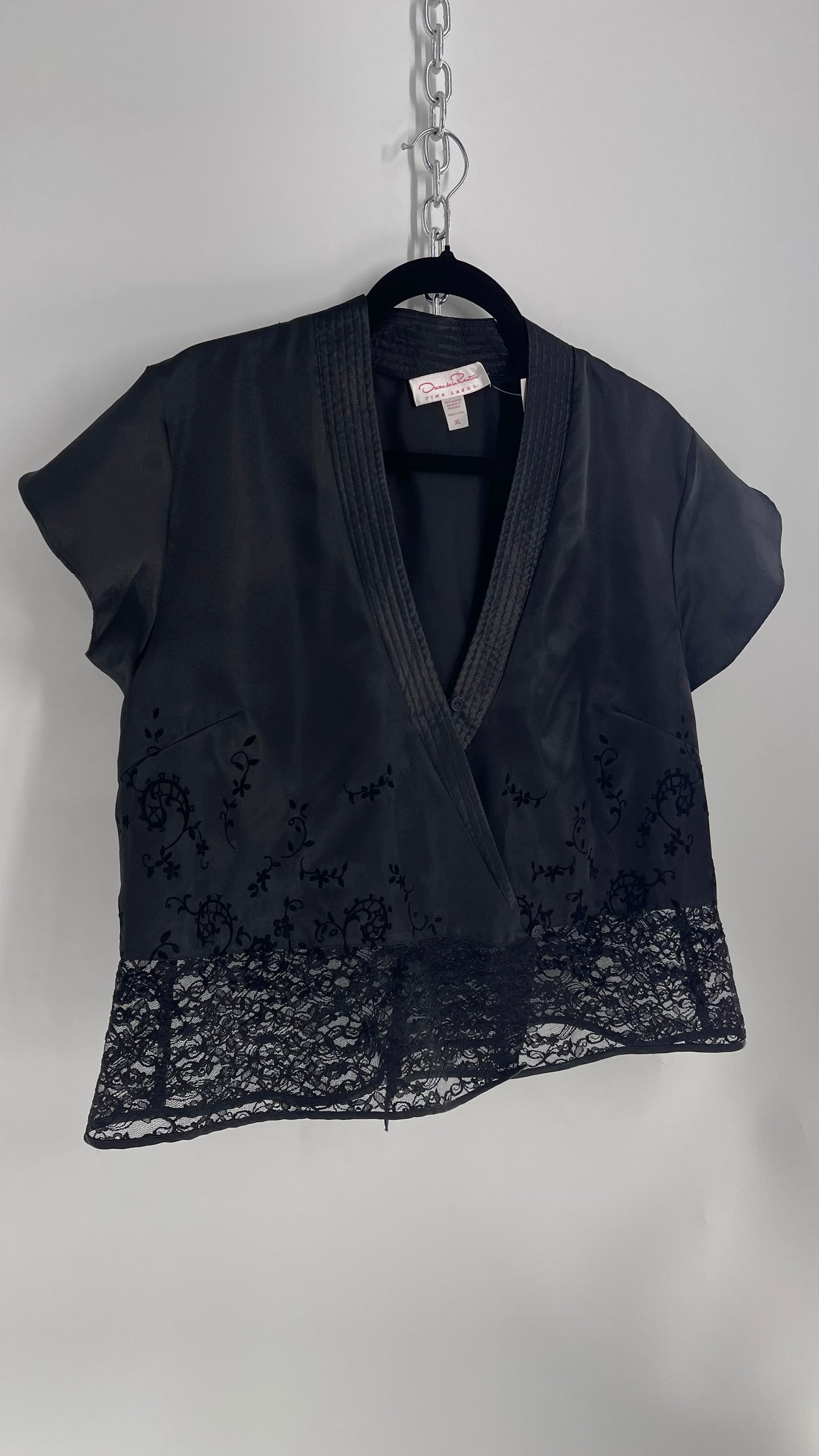 Oscar De La Renta Black Silky Lace Hem, Embroidered Kimono Style Top (XL)