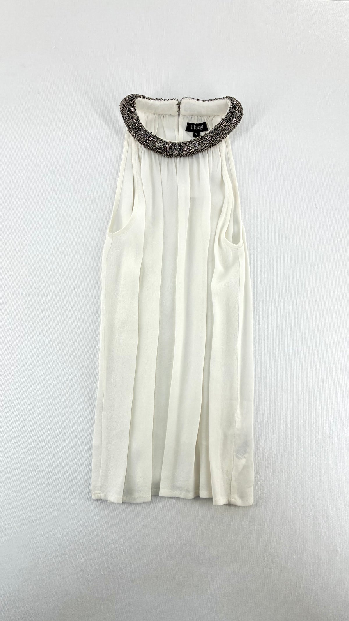 Deadstock Vintage ELOGY High Neck Draping White Top with Gunmetal Beaded Choker Neckline and Tags (Small)