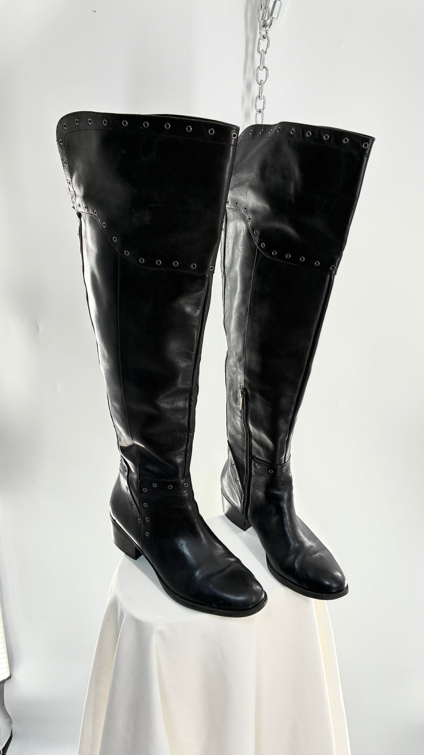 VINCE CAMUTO Genuine Leather Black Over the Knee, Thigh High Boots with Studding Details (11/41)