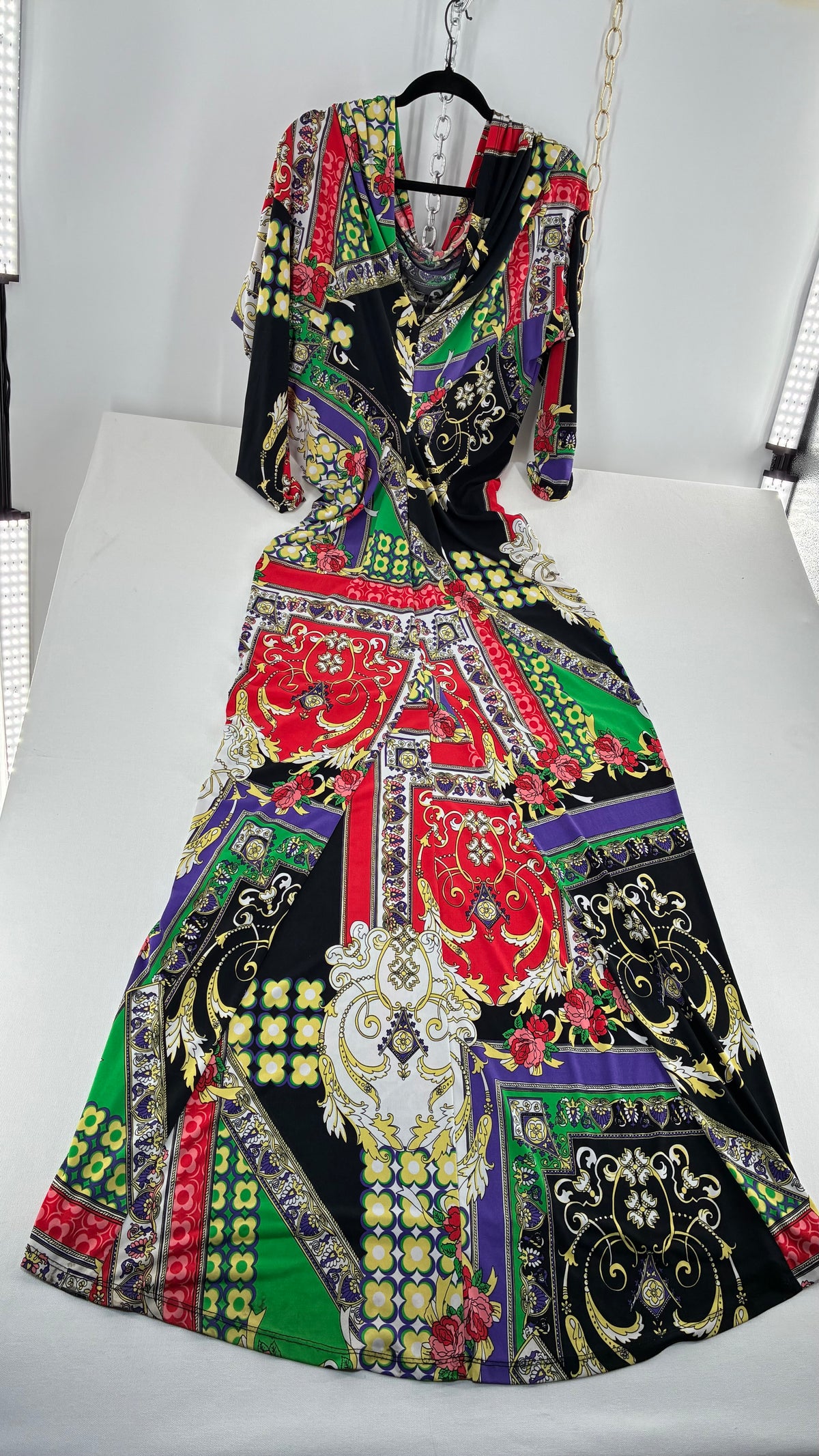 Vintage SEXY DIVA Drape Neckline Full Length Baroque Scarf Print Dress (Large)