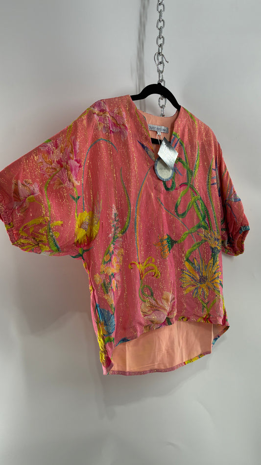 JUST BELLINA Pink Tropical Patterned Puff Sleeve Blouse with Gold Threading and Tags Attached (Small)
