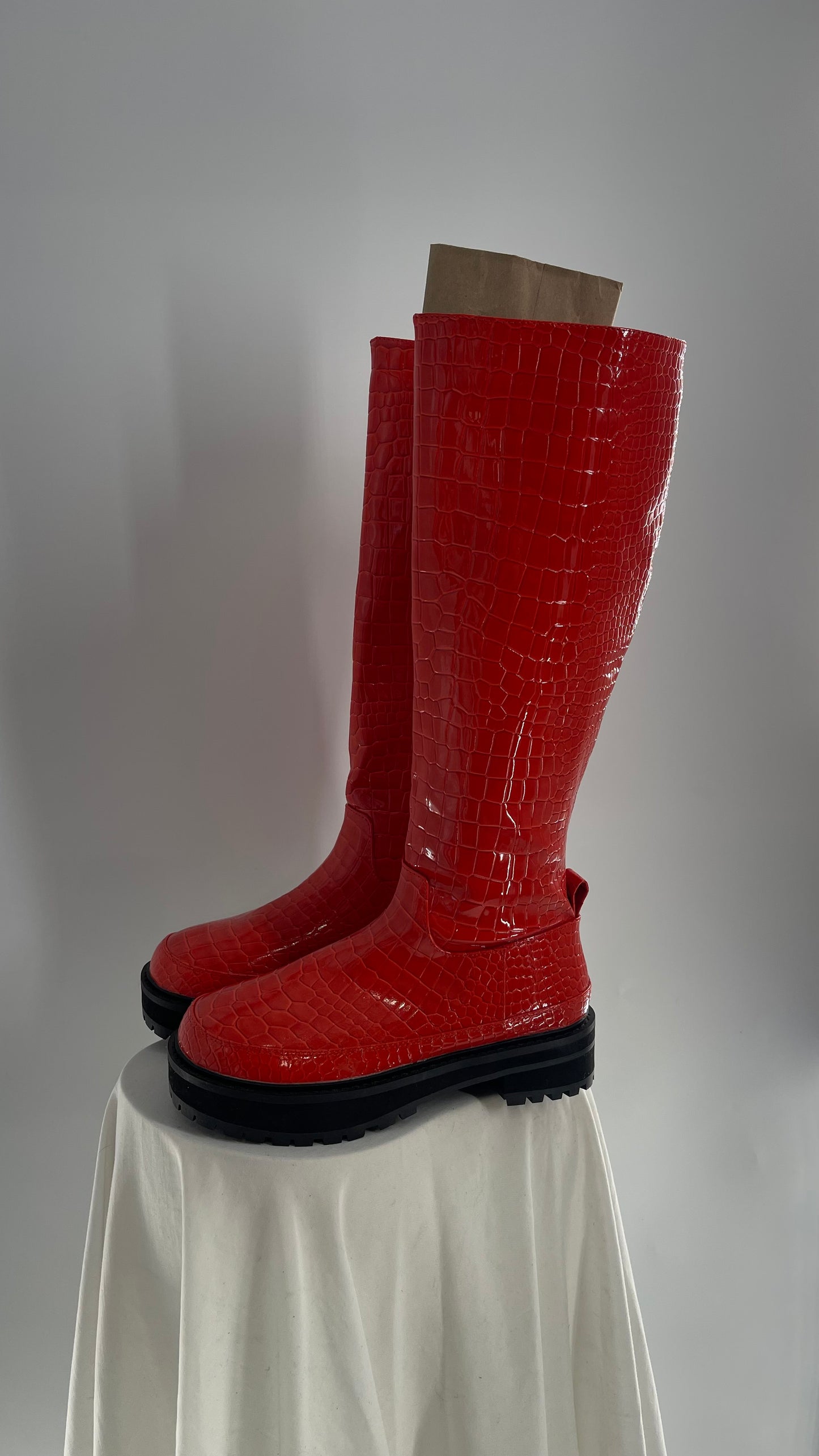 Urban Outfitters Orange Crocodile Embossed Knee High Boots (6)