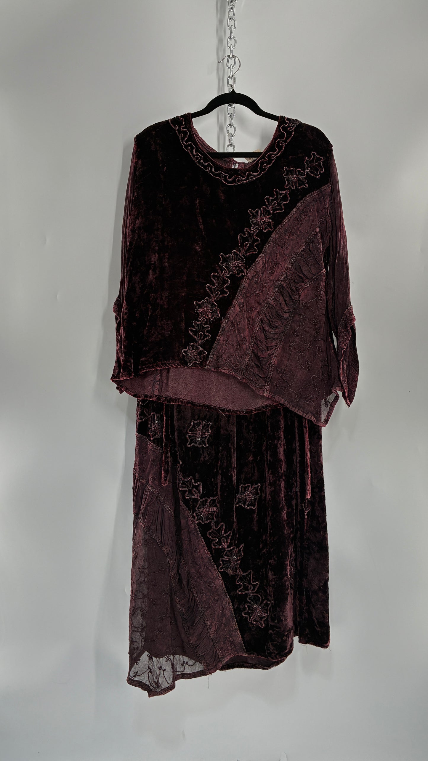 Vintage 1990s Burgundy Velvet Tie Back Blouse and Sheer Paneled Skirt (OS)