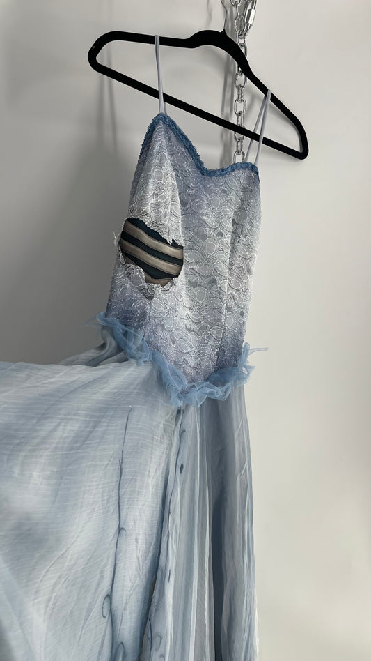 Vintage Muted Blue Corpse Bride Style Gown with Tulle, Embroidery and Ombré