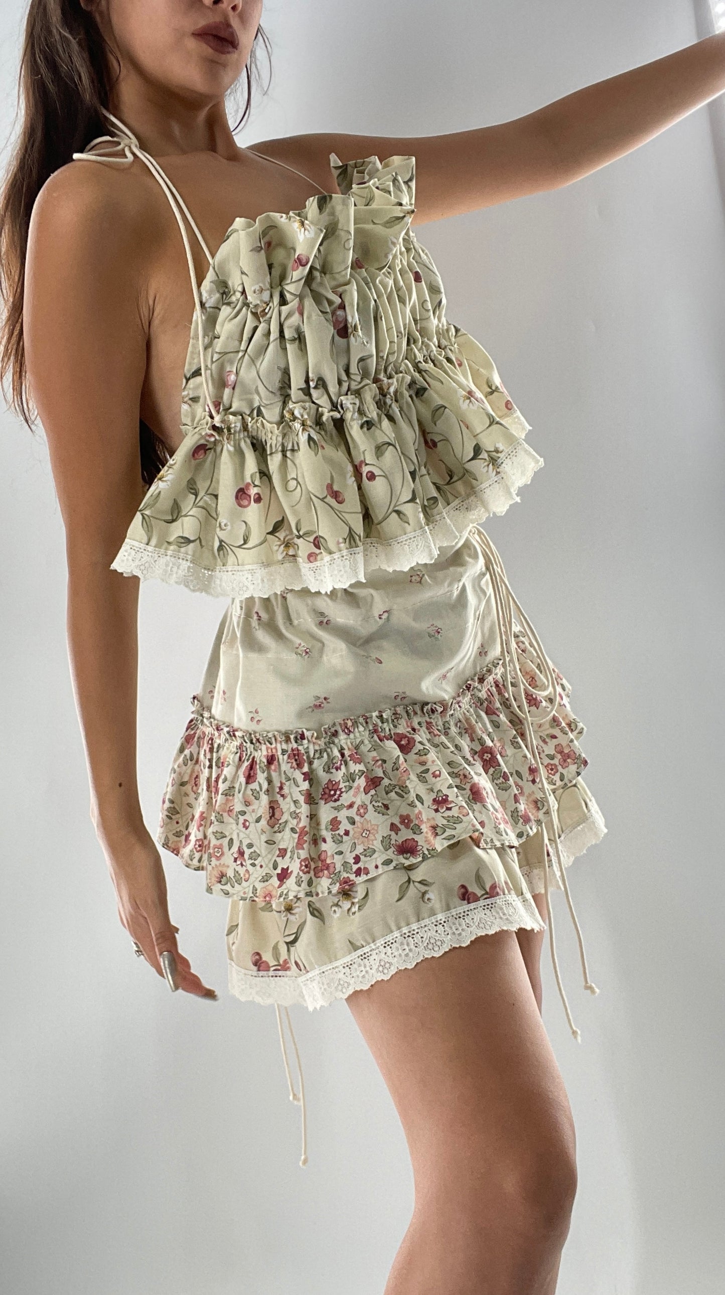 Vintage Cherry Cottage Set with Tiered Ruffled Skirt and Ruched, Backless Top (One Size)