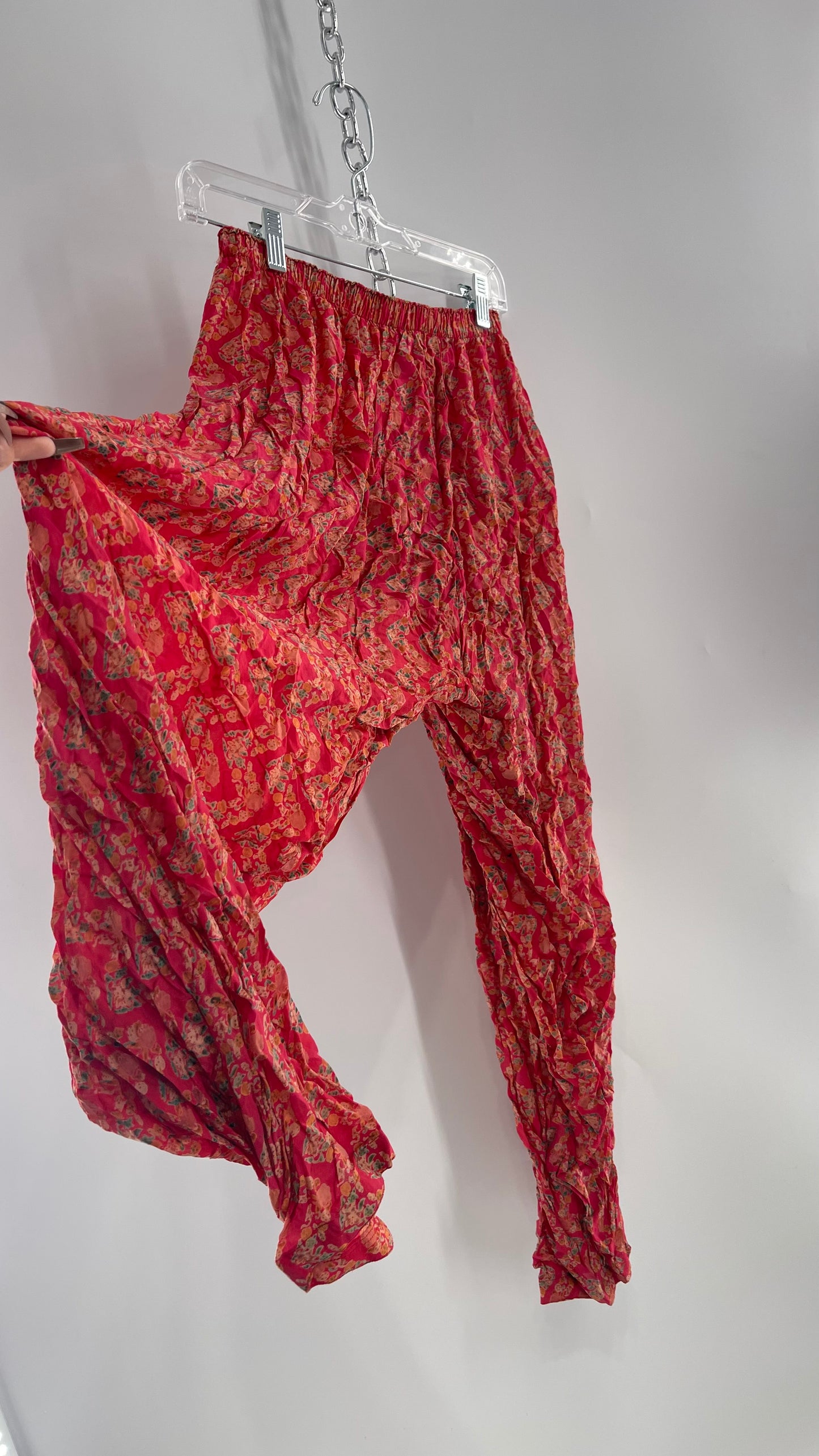 Vintage Crimped Hot Pink Floral Yoga/Haram/Drop Crotch Pants (Small)