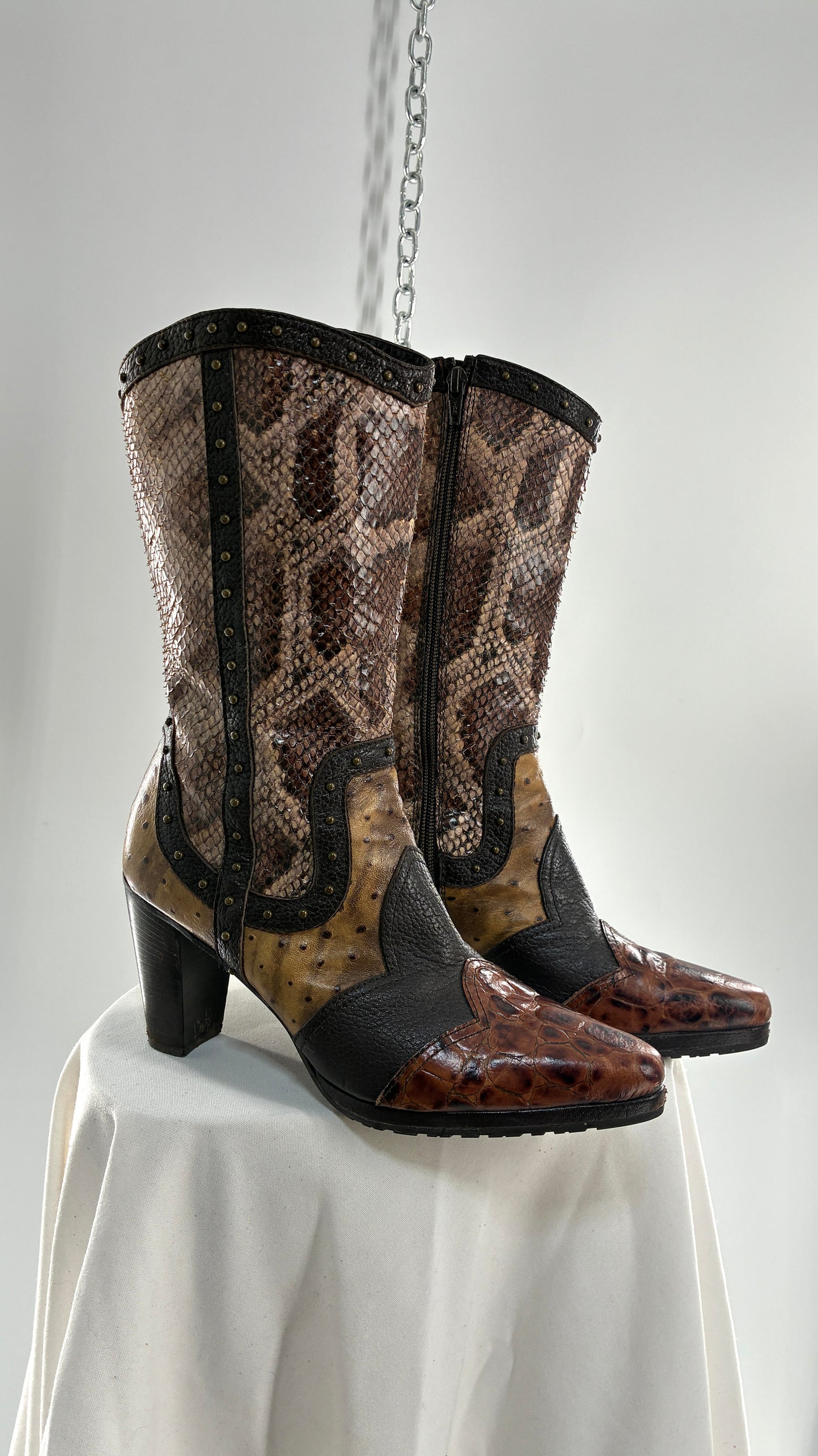 Vintage STUART WEITZMAN Stampede Boots Ft Snake, Crocodile and Ostrich Embossed Leather (8.5)