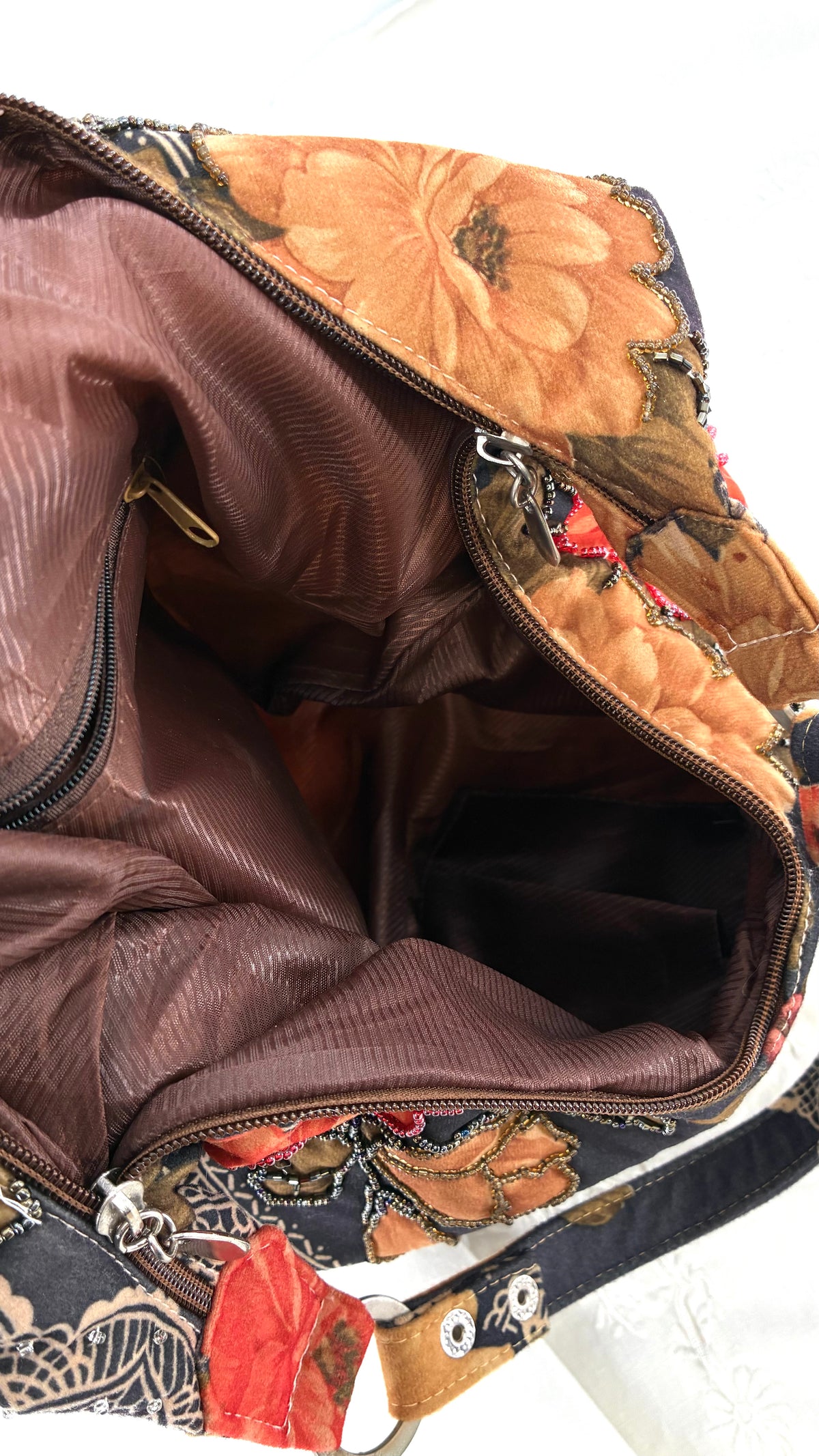 Vintage Brown Floral Paisley Beaded Hobo Shoulder Bag