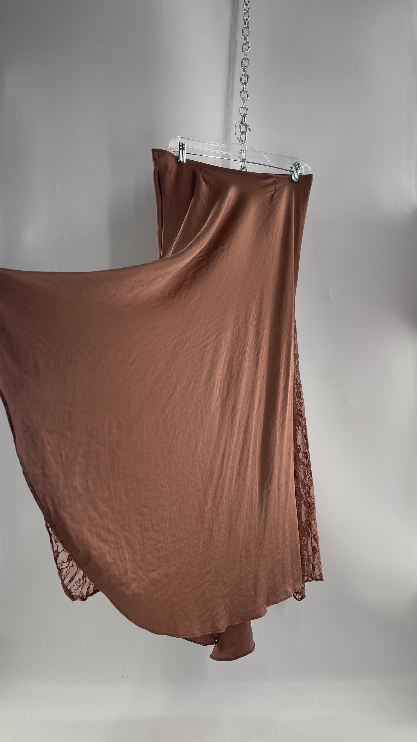 Intimately Free People Brown/Dusty Mauve Satin Maxi Skirt with Lace Paneling (Medium)
