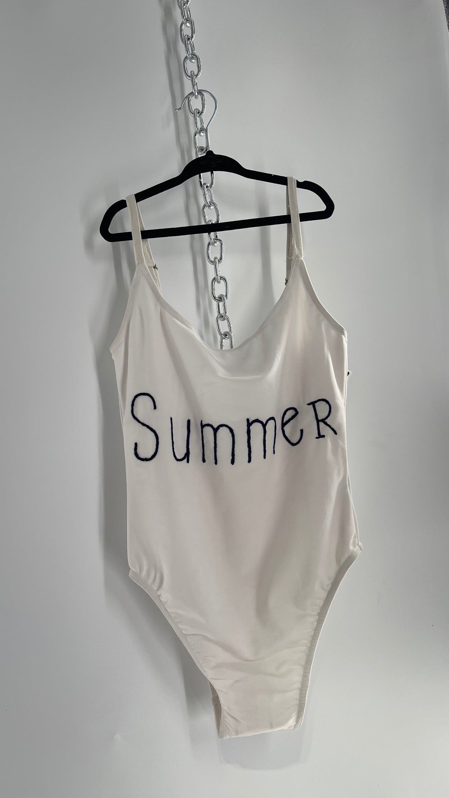 Bannerday White Bathing Suit with Black “Summer” Embroidery (Small)