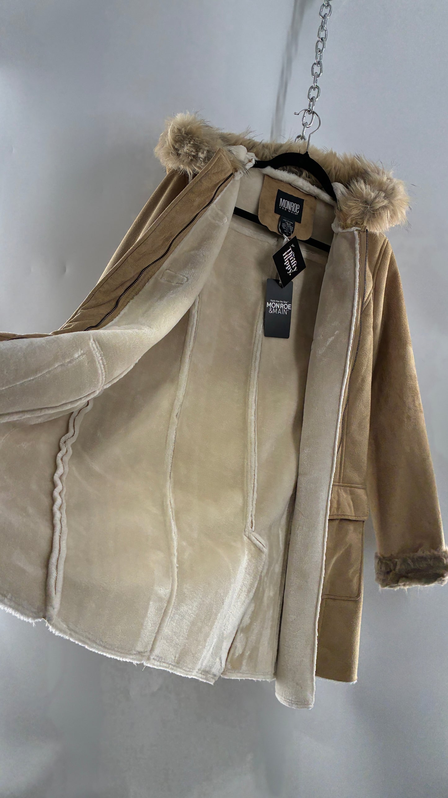Deadstock Vintage MONROE AND MAIN Vegan Suede Coat with Fur Cuffs and Hood, Tags Attached (Medium)