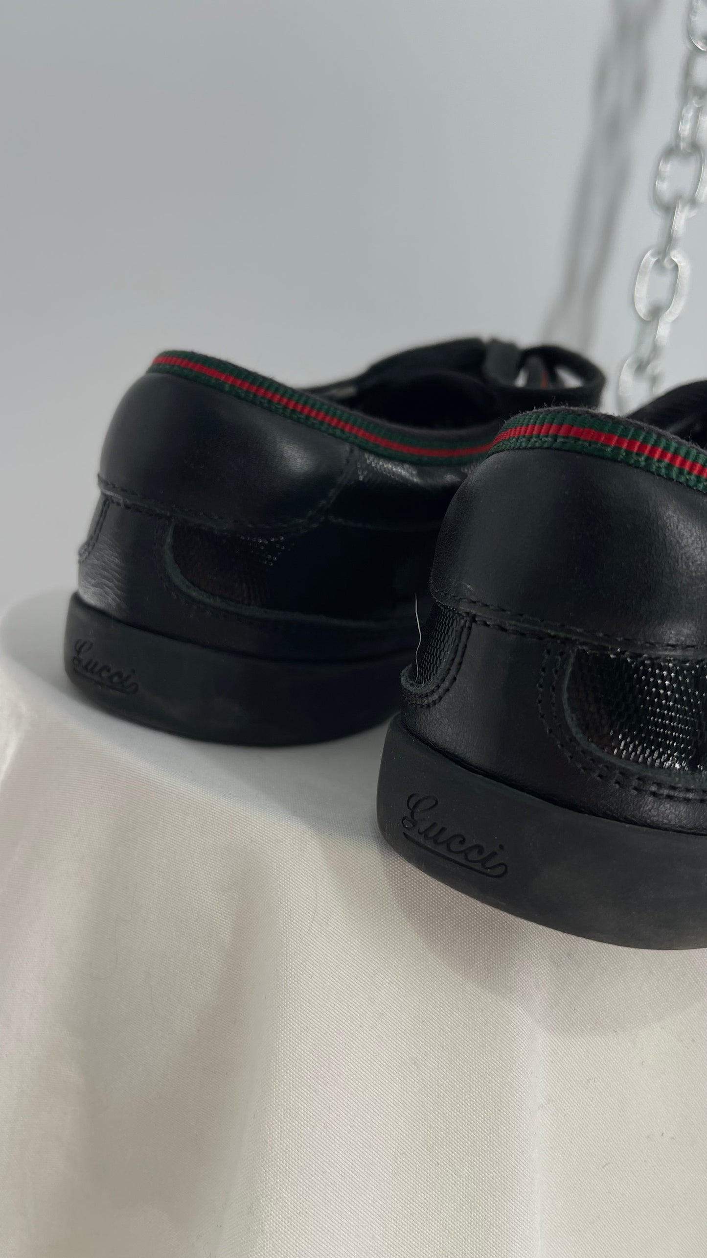 Vintage GUCCI Worn Black Leather Monogram Low Top Sneakers with Red/Green Iconic Trim (37)