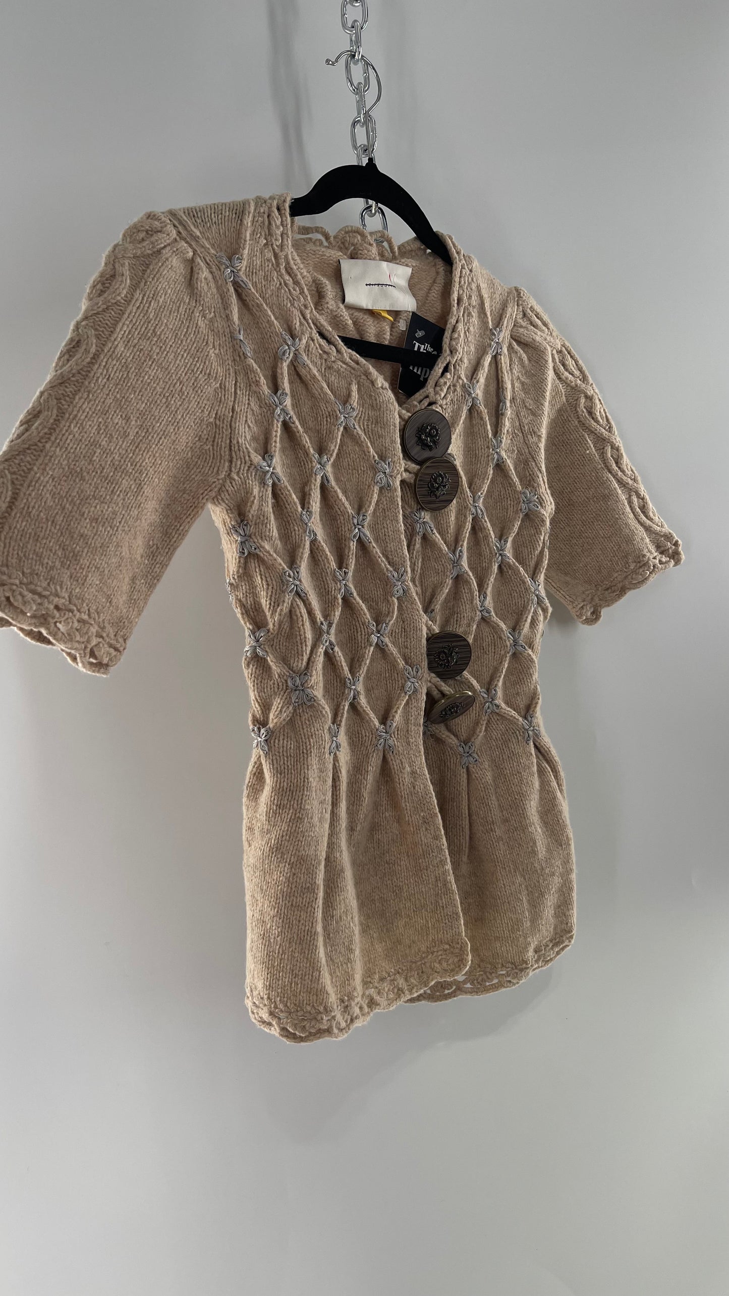 Anthropologie Leifsdottir Knit Argyle Embroidered Sweater with Oversized Statement Buttons  (XS)