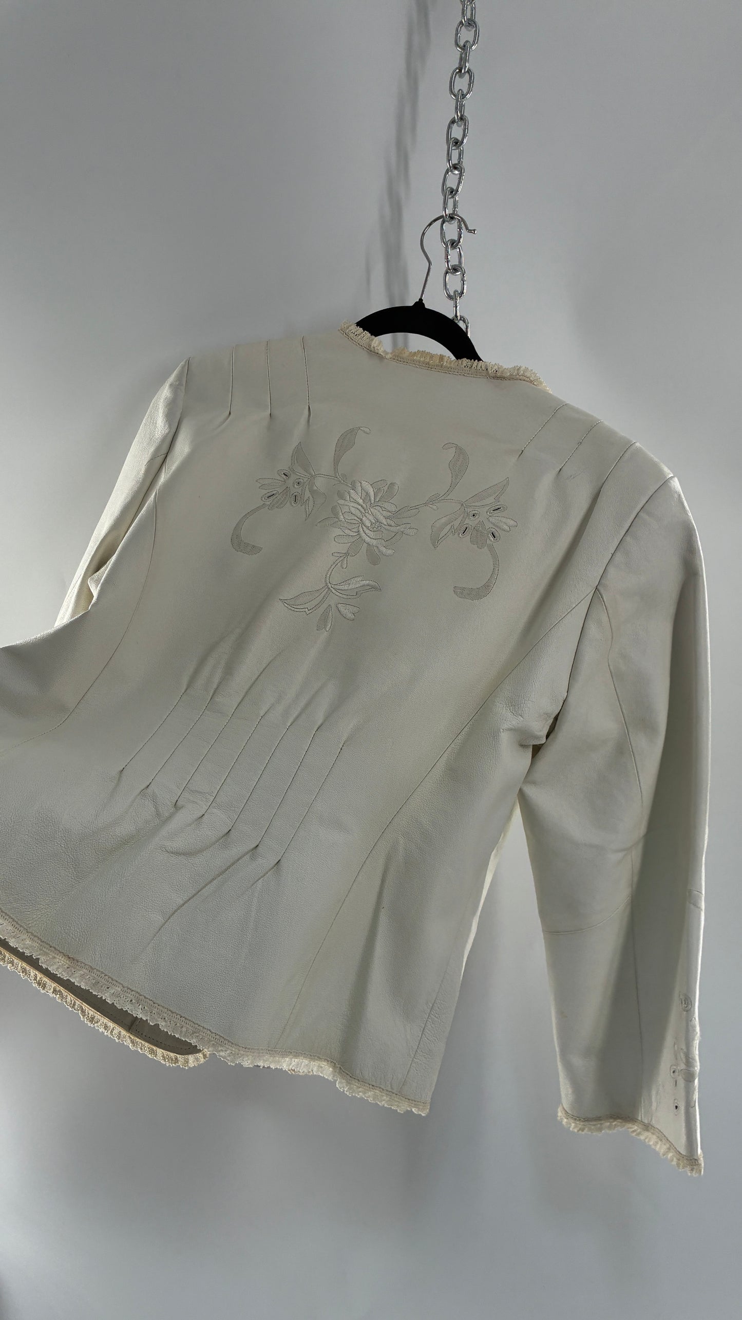 Vintage TERRY LEWIS White Leather Pleated Back, Embroidered Jacket with Lace Trim (Large)