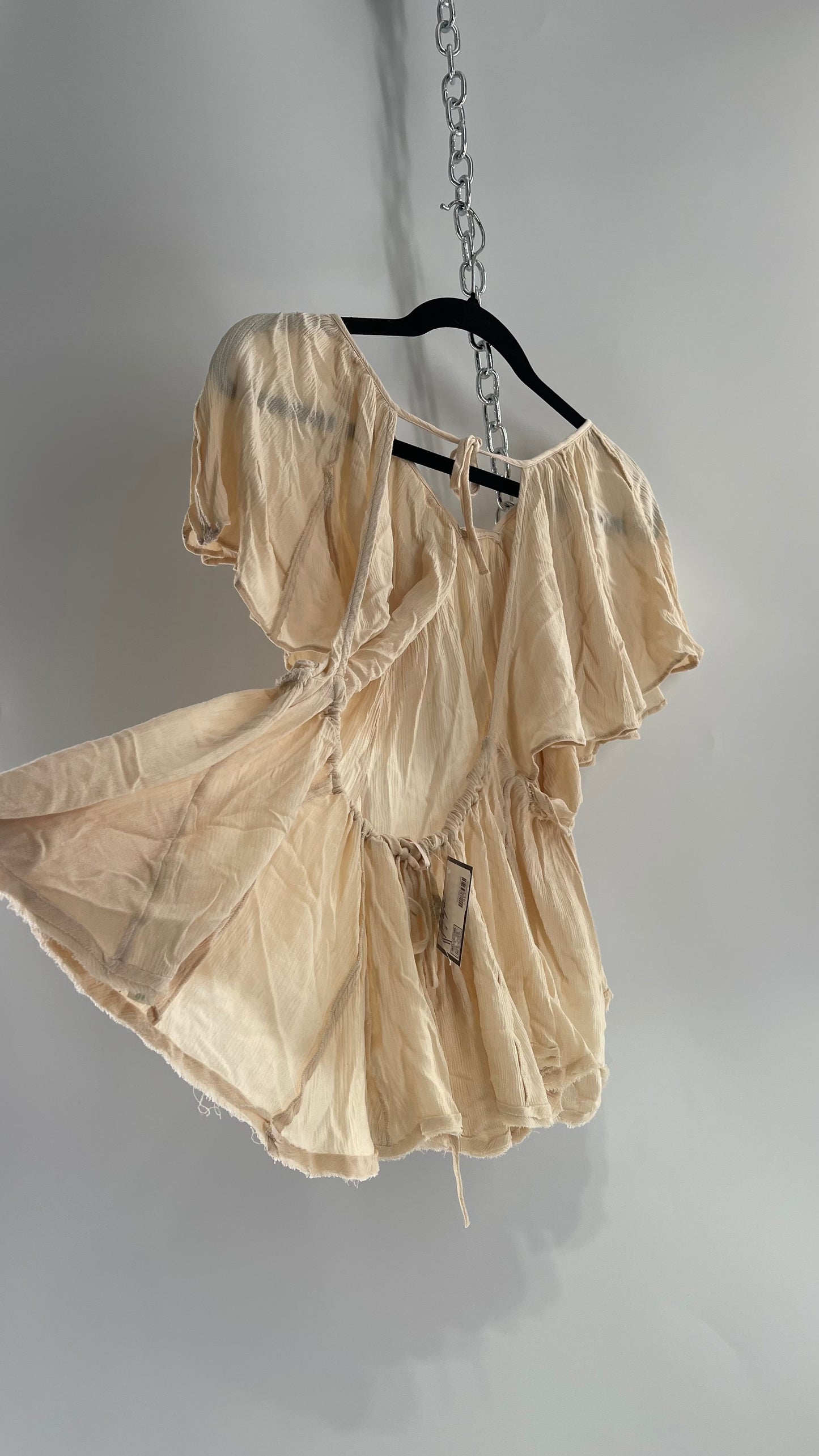 Free People Beige Open Back Drape Sleeve Blouse (XS)