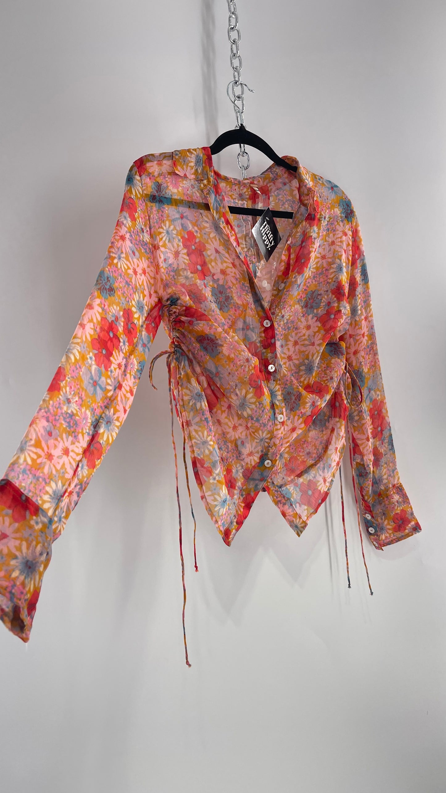 Free People Sheer Orange Floral Button Up with Ruched Sides (XS)