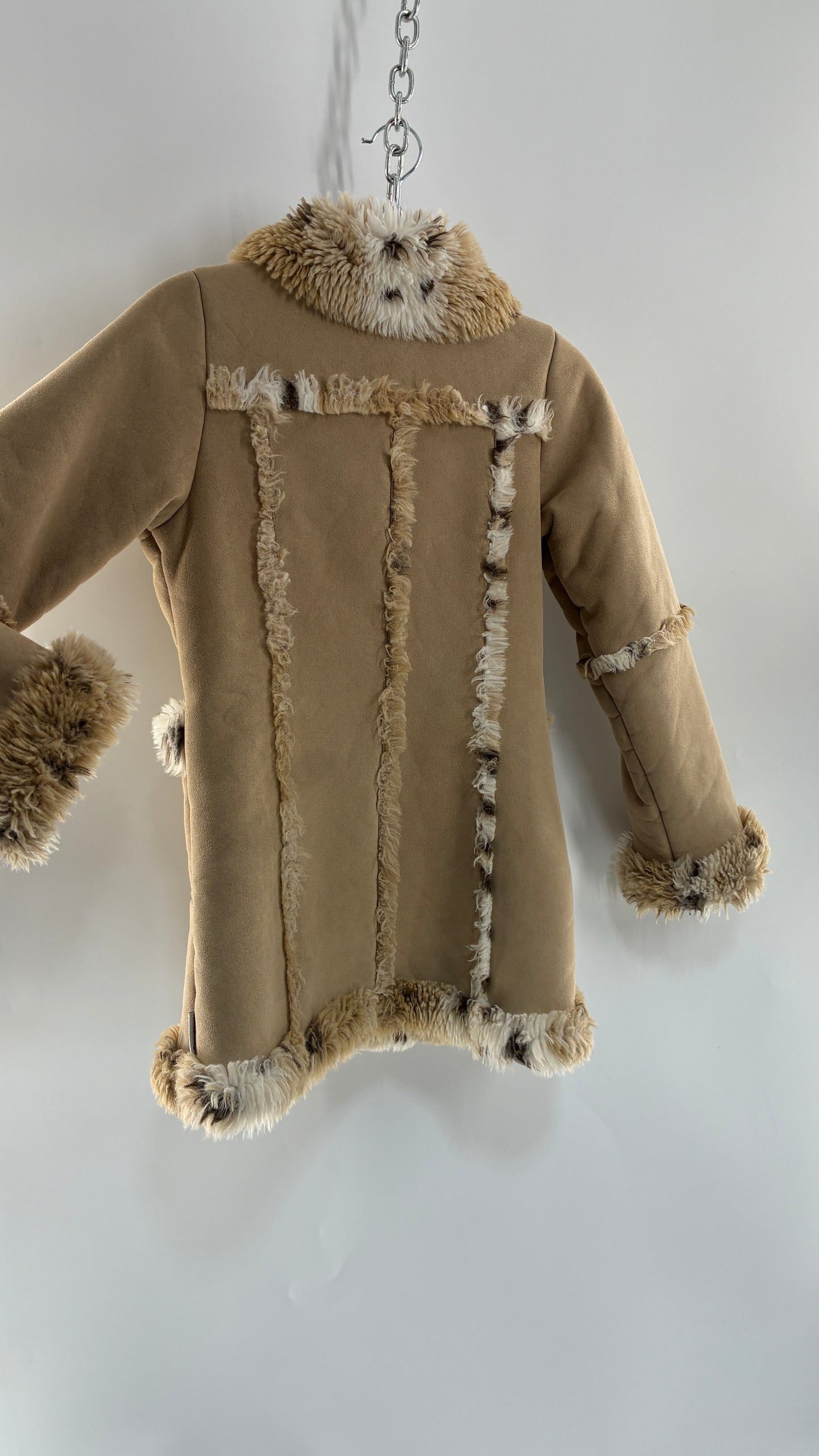 LONDON FOG (10/12) Vegan Suede Coat with Leopard Patterned Piping, Trim and Collar