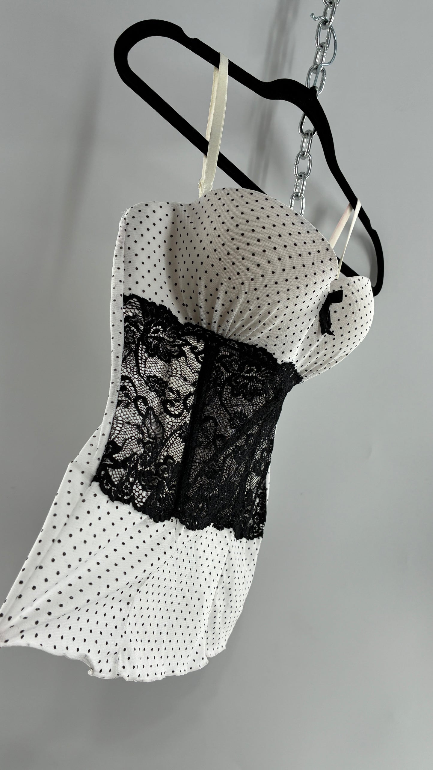 Vintage Black and White Polka Dotted Bustier Babydoll with Lace Bodice Detailing (Medium)