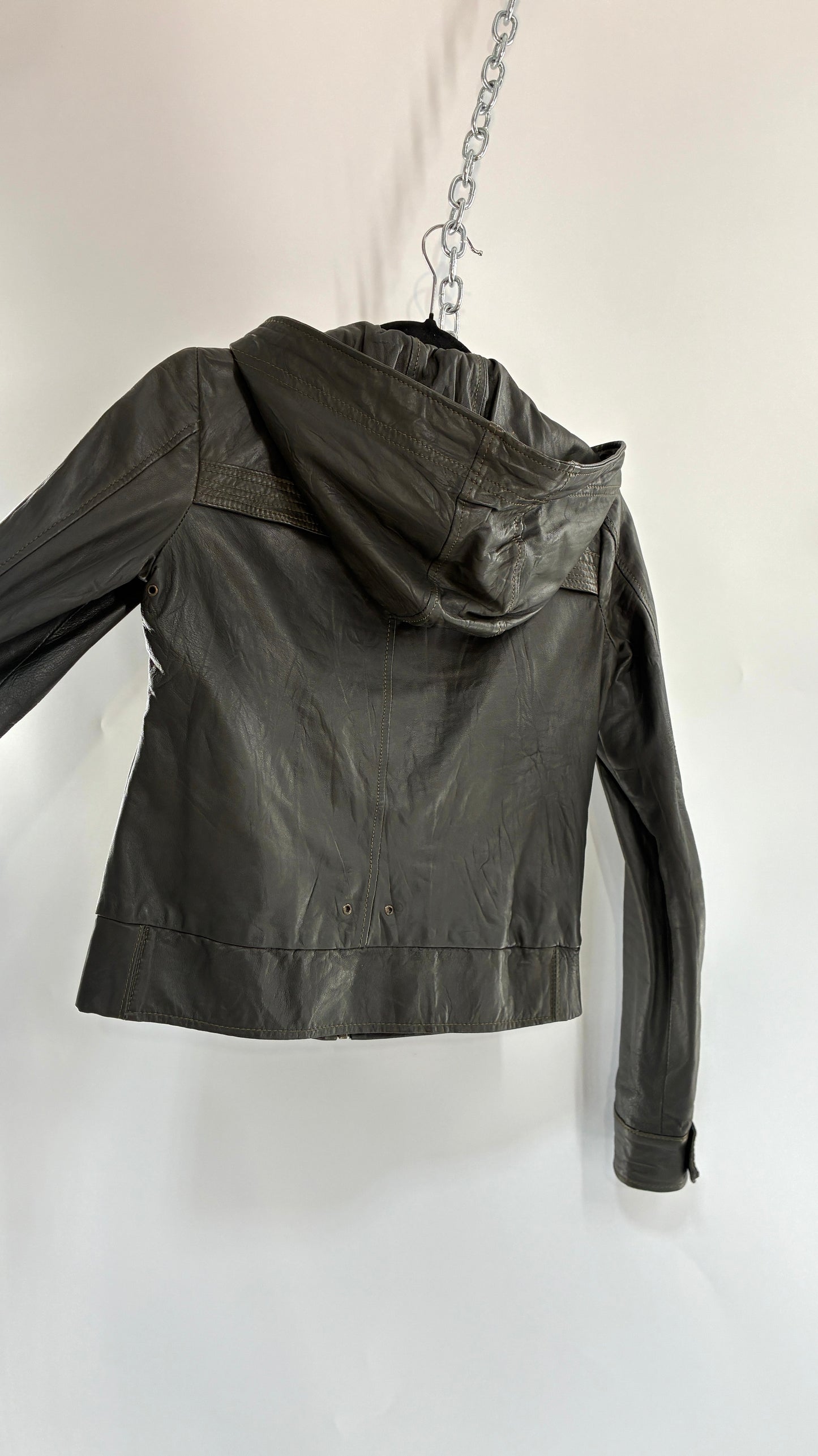 Vintage MIKE & CHRIS Grey Genuine Leather Hoodie Style Zip Front Jacket with Oversized Bronze Buttons and Contrast Stitching (XS)